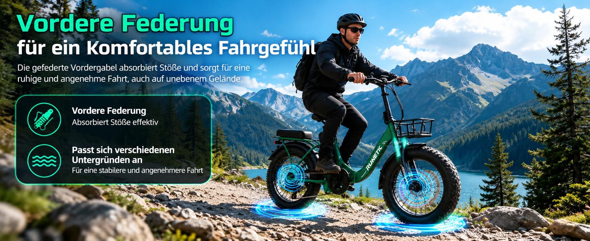 Runetic E-Bike, Foldable E-Bike, 36 V 13 Ah Akku bis zu 100 km, 20 x 3,0 Zoll, SHIMANO 7-Gang, 250 W Motor & 25 km/h - Grün