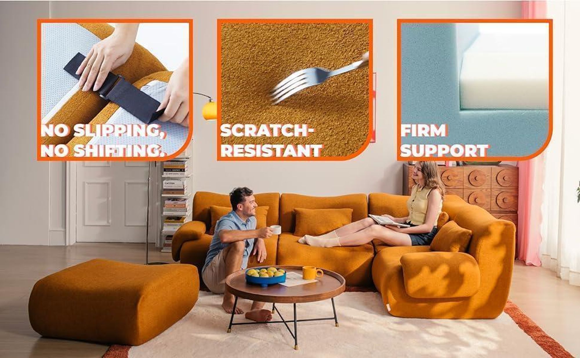 Canapé d'angle modulaire 3 places MILYSOFA SOFATIME avec méridienne, tissu bouclé raffiné, bleu foncé