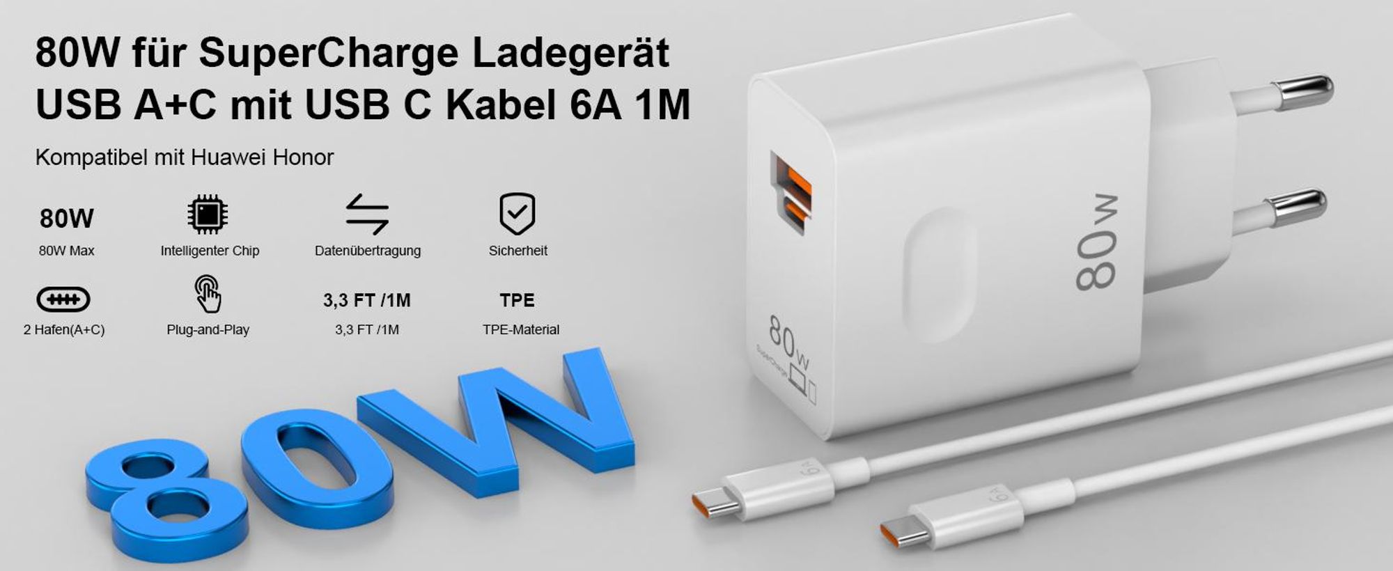 80W SUPERCHARGE Ladegerät, USB C Ladegerät, USB Schnellladegerät für Honor X70 X60 GT Magic6 Pro 6 RSR Magic 7 Lite V3 Tablet Huawei MatePad
