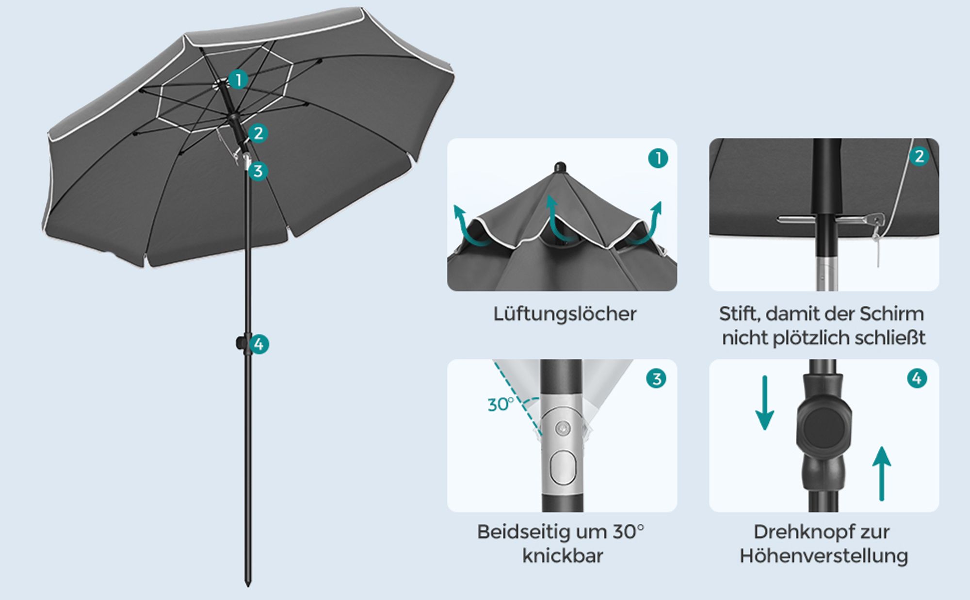 SONGMICS Sonnenschirm 200 cm UPF 50+ mit Tragetasche