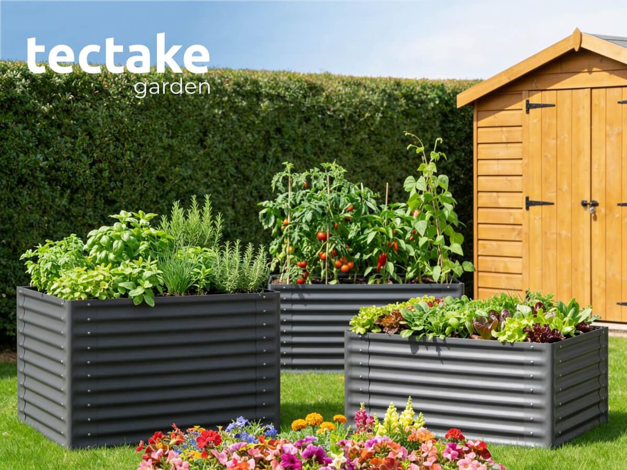 tectake Hochbeet Salvia verzinkter Stahl 80x80x62cm 380L Gemüsebeet Pflanzkasten Gartenbeet Kräuterbeet grau mit Handschuhen