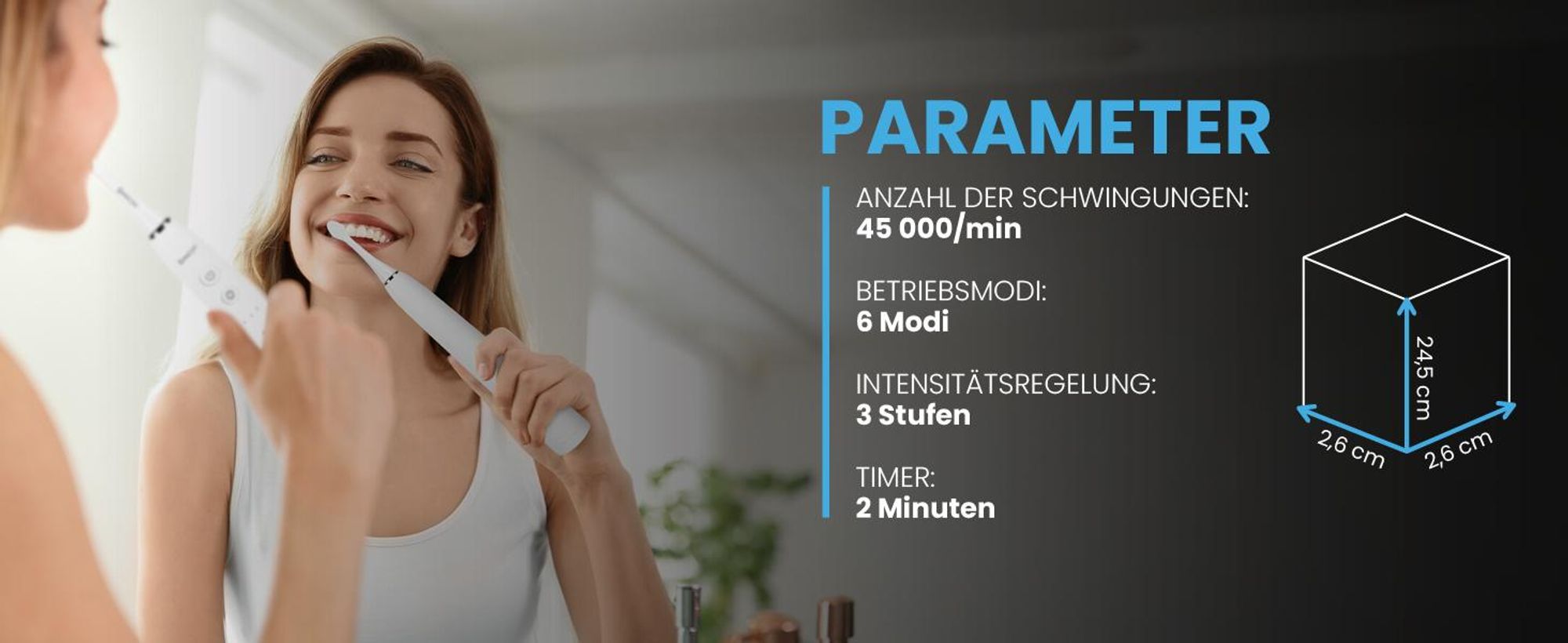 Weiße Schallzahnbürste mit drei Stufen und elegantes Etui