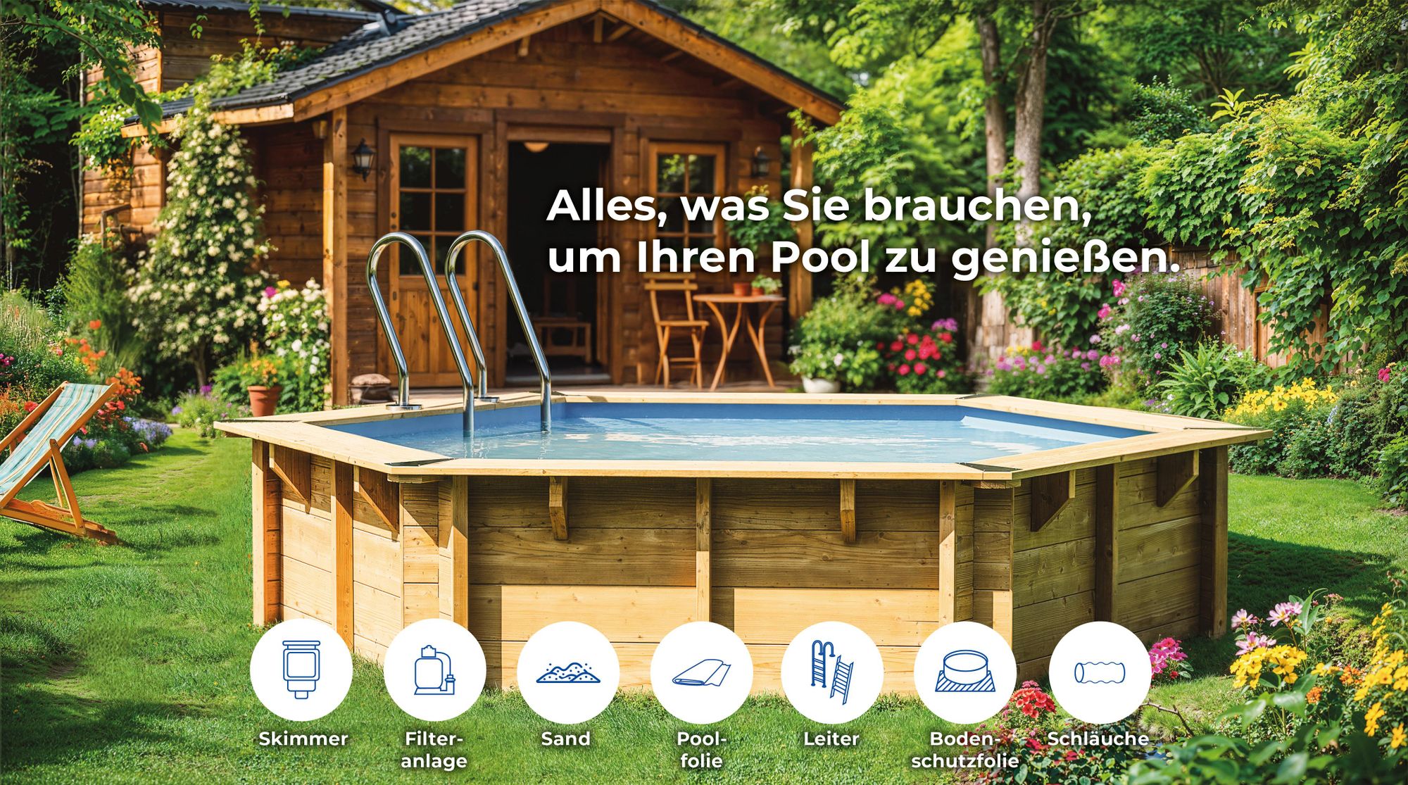 GRE Holzbecken rund Modell Vanille 2 Ø 400 x 119 cm, Komplettset
