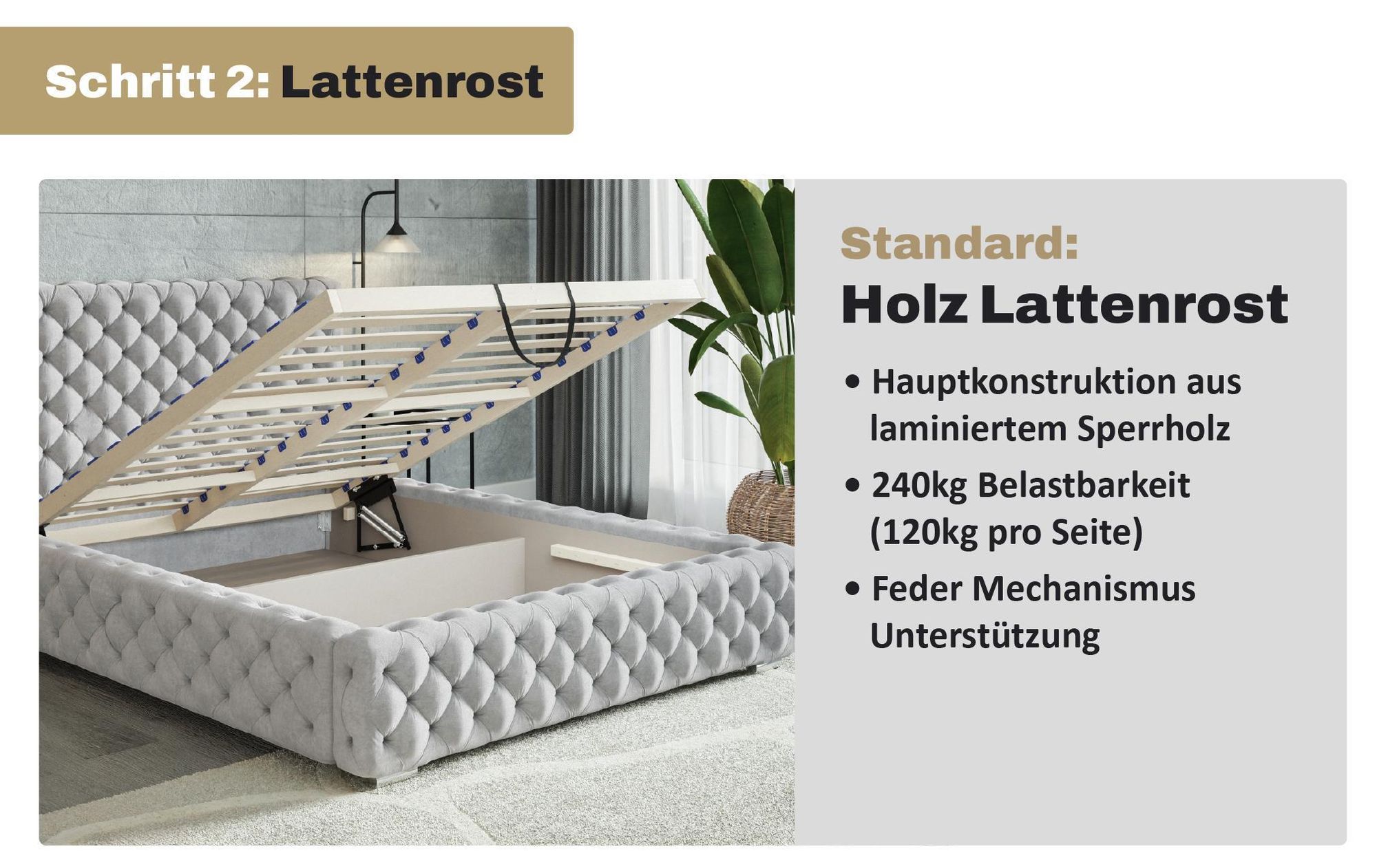 MOTIVENA Dianna Chesterfield Polsterbett 180x200 mit Bettkasten, Holz Lattenrost, Bett 180x200 Beige Samt (Amor 04)