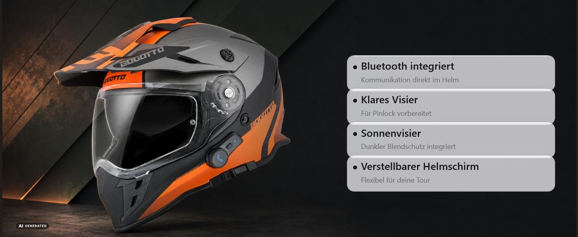 Bogotto H331 BT Tour EVO Bluetooth Enduro Helm, schwarz matt/grün, L (59/60)