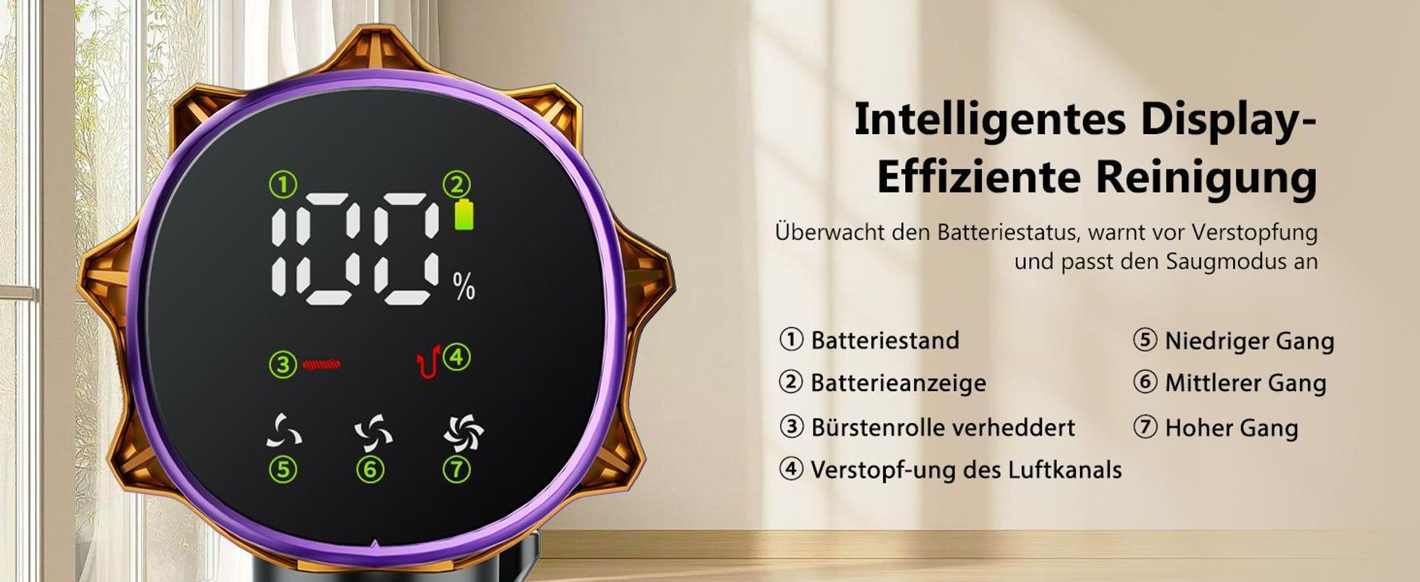 Portreen Akku Staubsauger, 85000Pa Staubsauger kabellos mit Haustierbürste, Schlauchbürste, Touchscreen, HEPAx4, 2L, 80Min, Anti-Tangle-Staubsauger