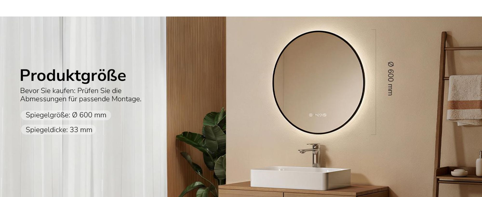 EMKE Badspiegel Rund LED Spiegel mit Beleuchtun ф60cm Schwarzer Rund Badezimmerspiegel mit Beschlagfrei, Uhr, Temperatur, Dimmbar, Memory-Funktion - Neutrale Lichts 4300K