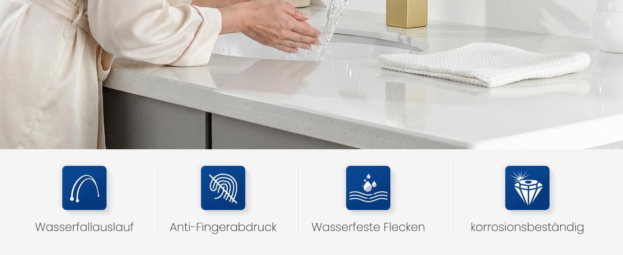 Wasserfall Waschtischarmatur, 304 Edelstahl Gebürstet Gold, Bleifrei Kalt Warm, Cecipa, Badarmatur Mischbatterie, Wasserhahn Bad, Waschbeckenarmatur