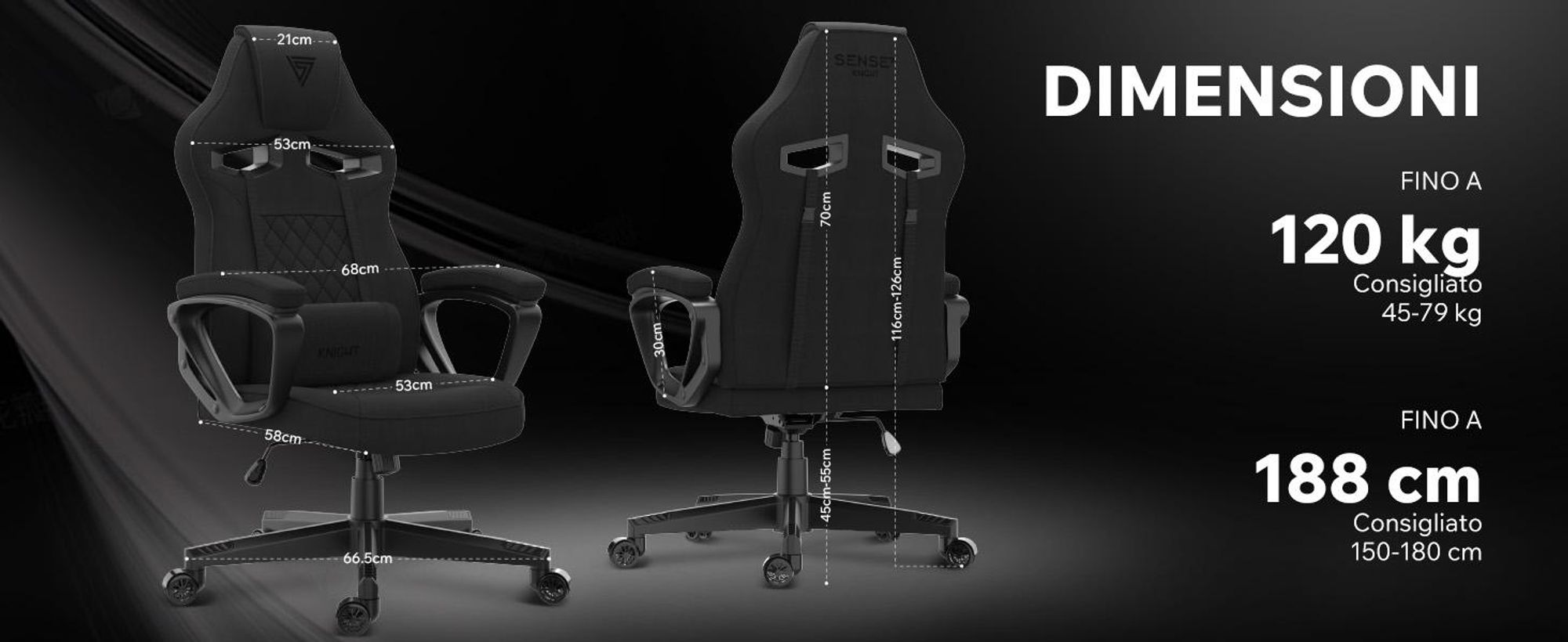 SENSE7 Knight Sedia da gioco in tessuto nero - Sedia da ufficio ergonomica Sedia da scrivania Sedia da gioco Sedia girevole Sedia da gaming PC 120 kg Chair