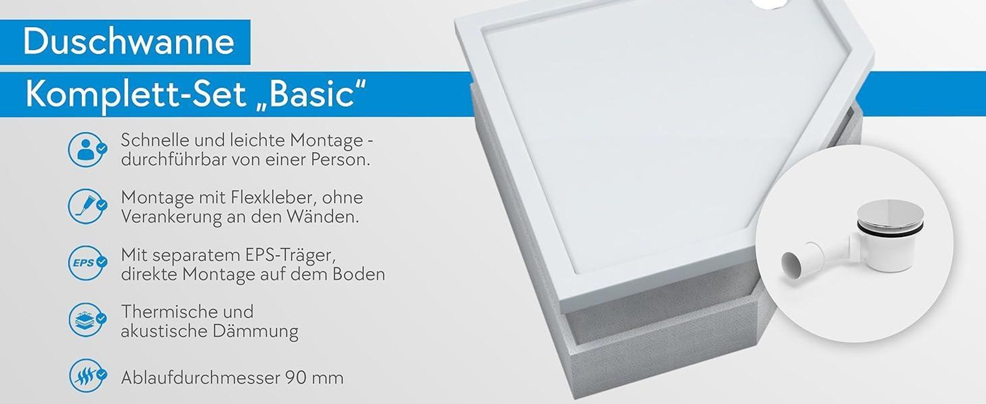 AQUABAD® Duschwanne Komplettset Basic Smooth White 90x90cm Fünfeck inkl. Styroporträger und Ablaufgarnitur Alcadrain A49CR