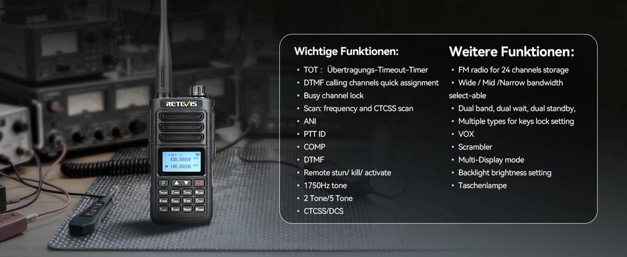 Retevis RA89 Amateurfunk, Hohe Leistung, IP68 Wasserdicht, Dualband, VFO, 2500 mAh Akku, Wiederaufladbares Walkie-Talkie Typ C(2 Stück, Schwarz)