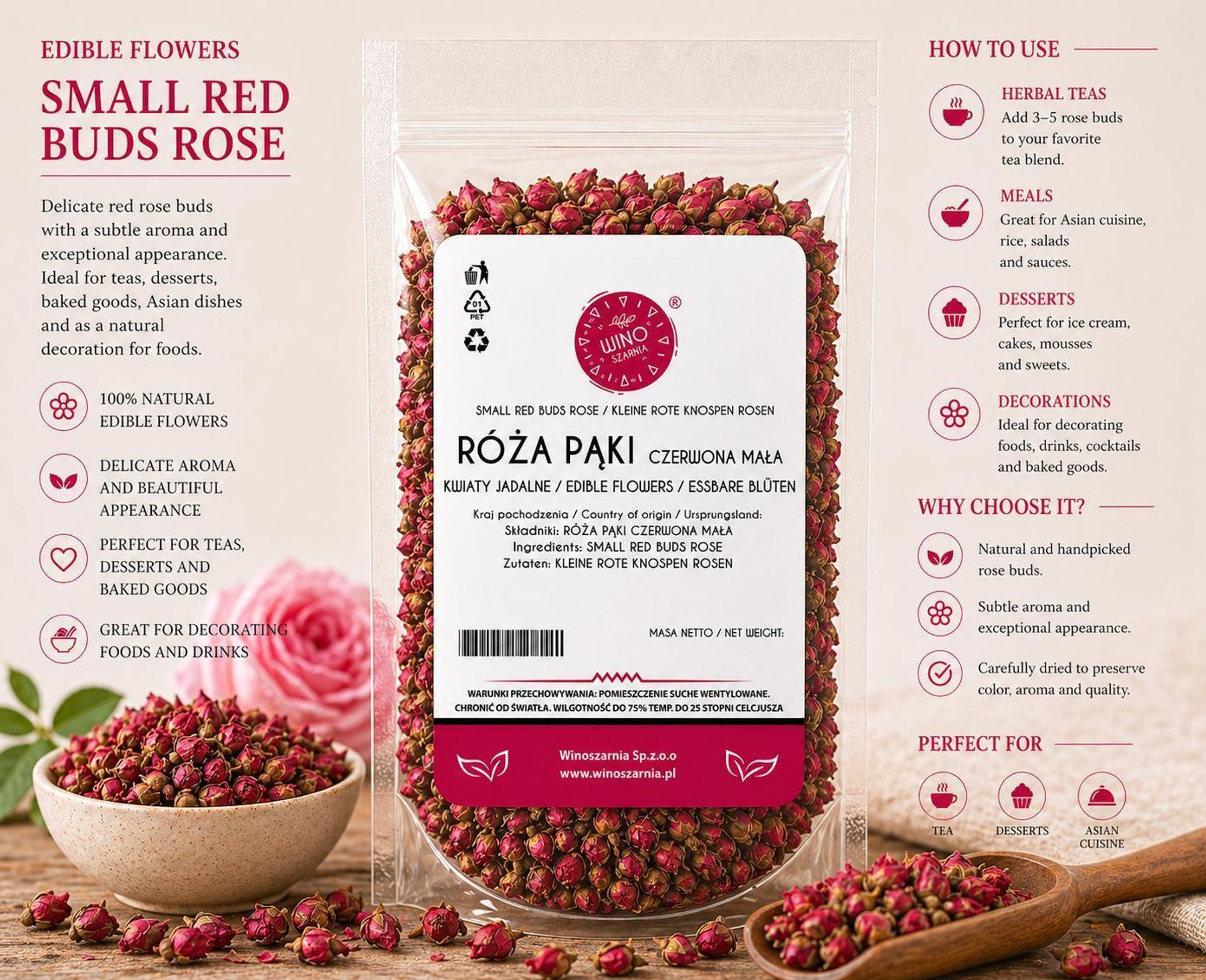 Pupeny ruží, červené, malé, jedlé kvety – 100 g