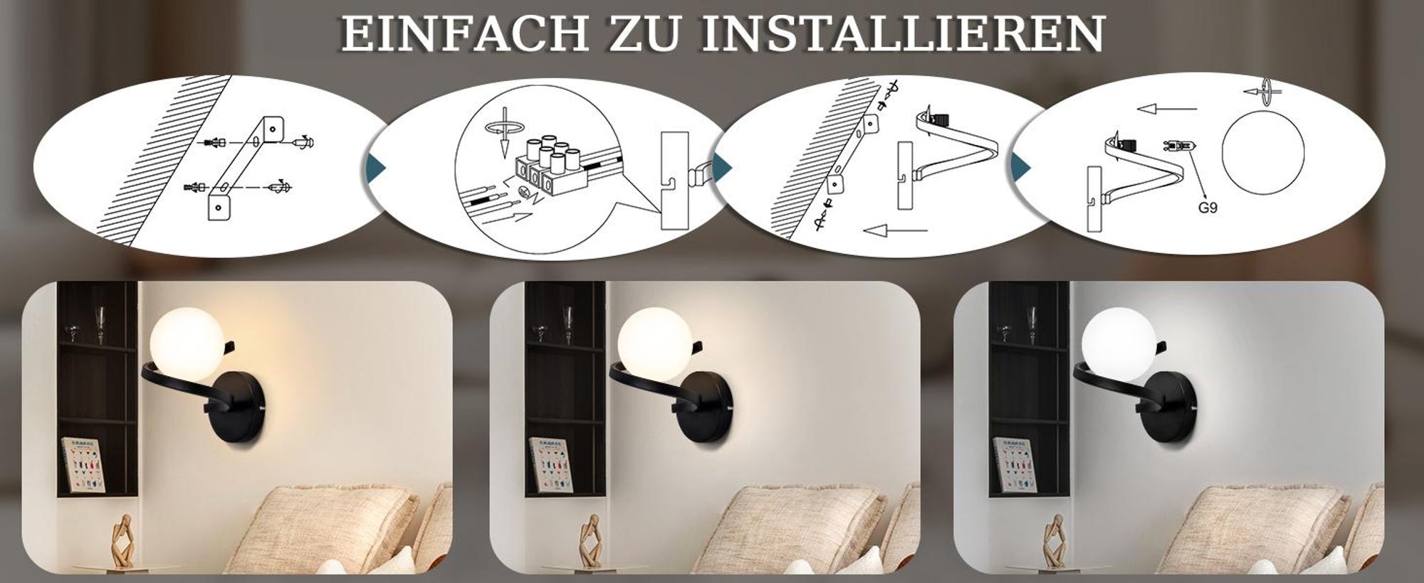 ZMH nástěnná lampa s 1 žárovkou, interiérová nástěnná lampa, kovová noční lampa s G9 žárovkou, s kulatým stínidlem z bílého skla, do obývacího pokoje, chodby, schodiště, dětského pokoje