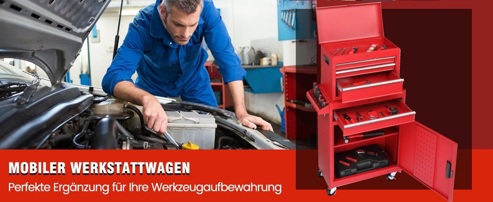 FCH Werkzeugschrank aus Metall, Kombi-Rollschrank mit tragbaren Werkzeugkästen, mobiler Werkstattwagen mit 4 Schubladen (rot)