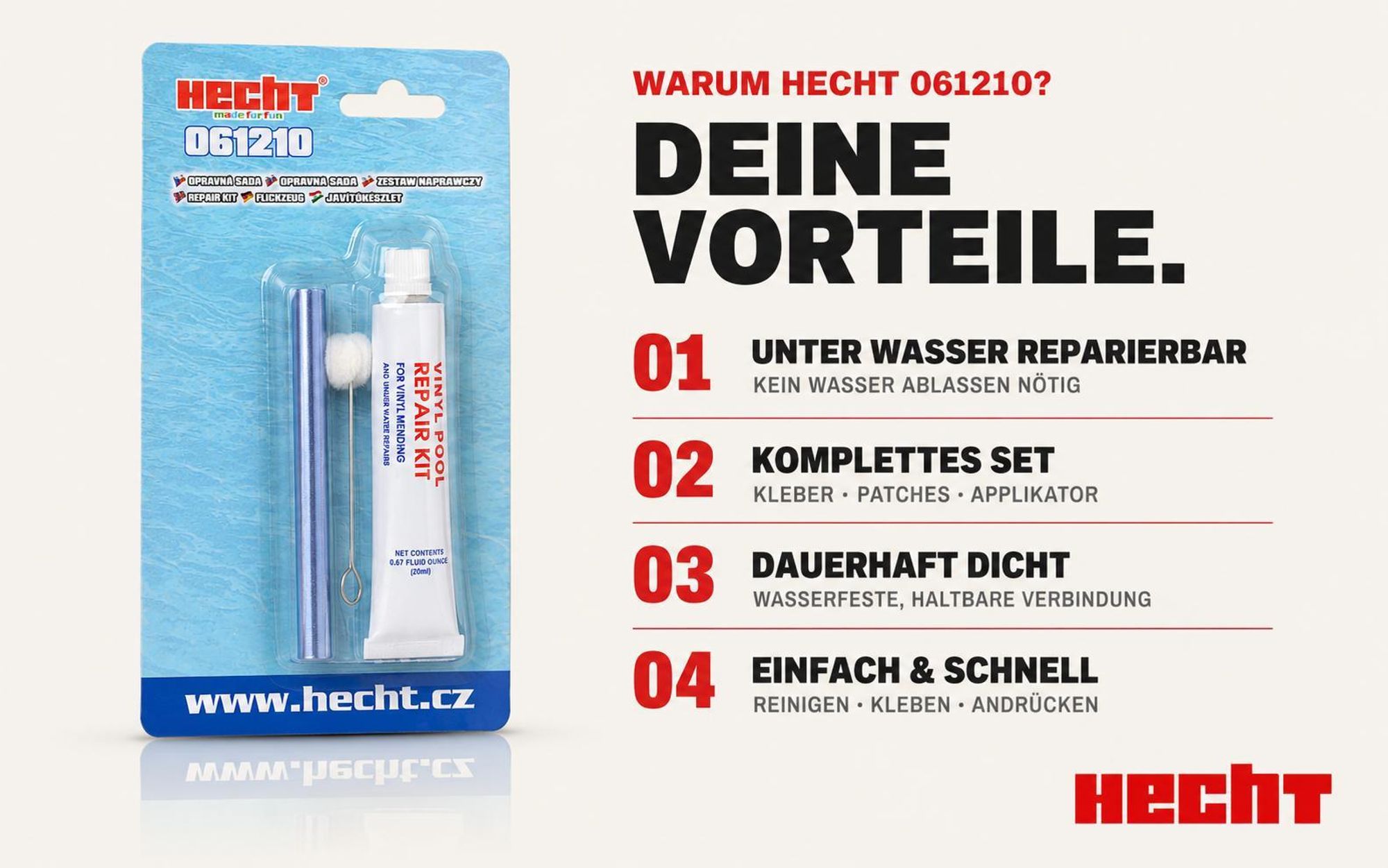 HECHT Pool Reparaturset | Unterwasser-Reparatur für Pools | Inkl. Klebstoff & Patches | Reparatur ohne Wasser ablassen