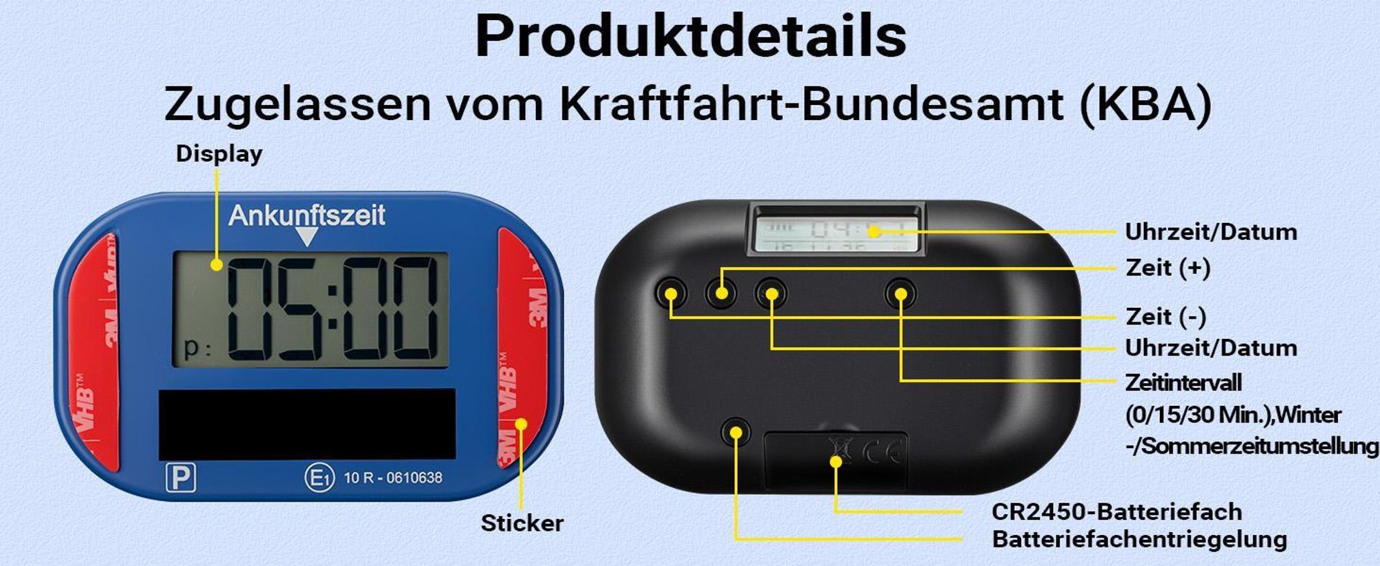 Wiltec Elektronische Parkscheibe mit Solarpanel – Digitale Parkuhr mit automatischer Zeitumschaltung und KBA-Zulassung