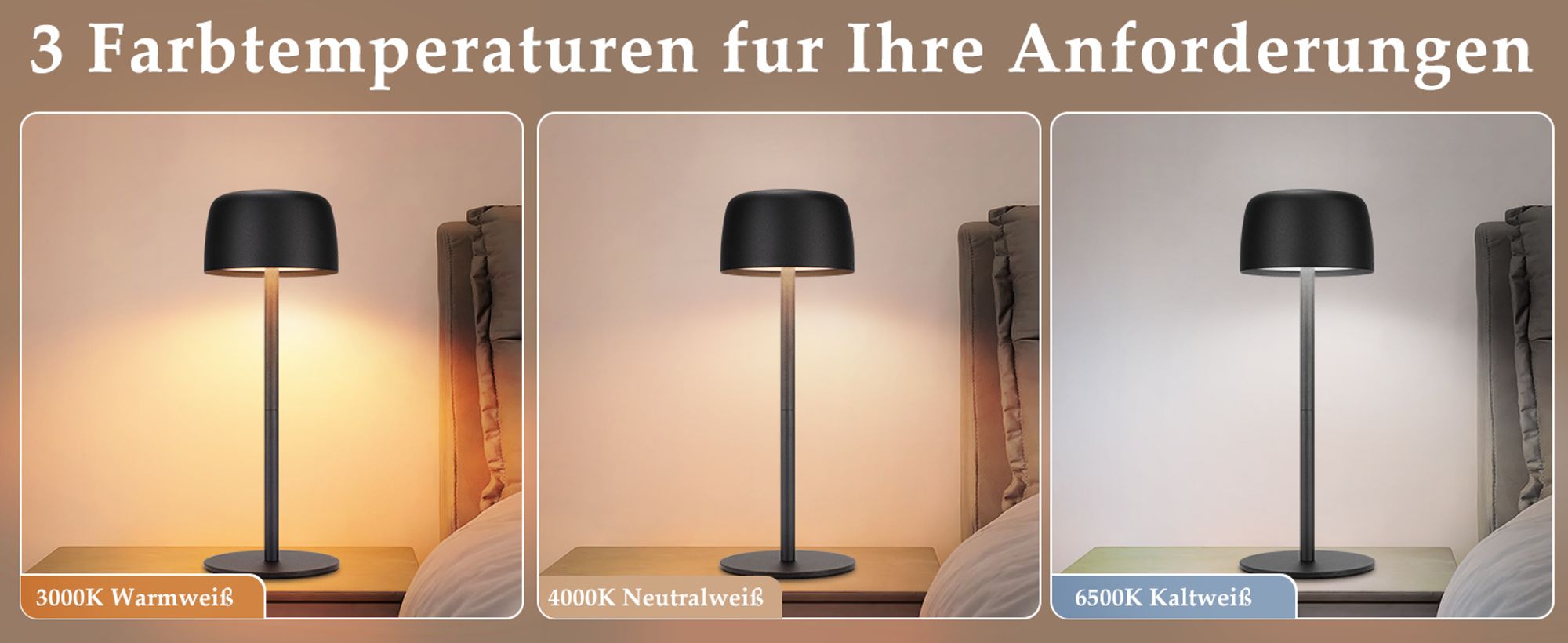 ZMH LED nachttischlampe Kabellos Tischlampe Touch Dimmbar Tischleuchte mit 3 Farbtemperaturen Höhenverstellbar USB Aufladbar Akku Wasserdichte Schwarz