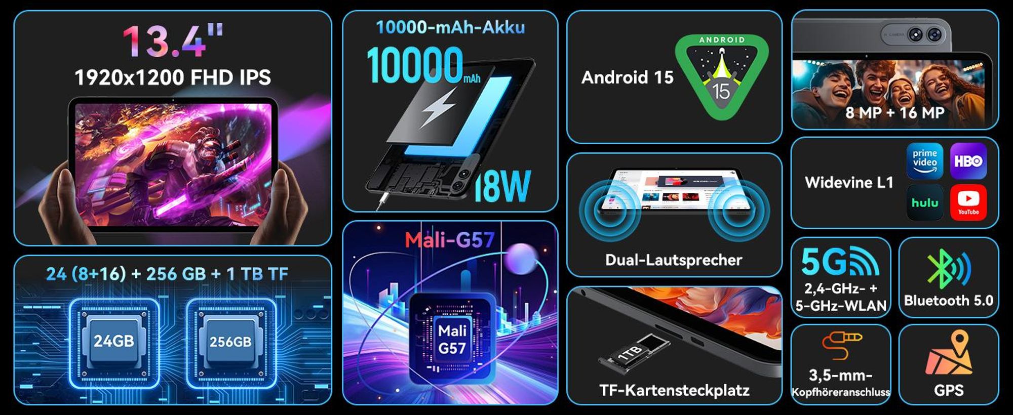 VekfulPC T60 Pro 13.4" Android 15 Set Tablet, 24GB(8+16) RAM 256GB ROM+2TB TF, 10000 mAh Akku/2K Display/120Hz/5G WiFi/Gemini AI 2.0/16MP Kamera