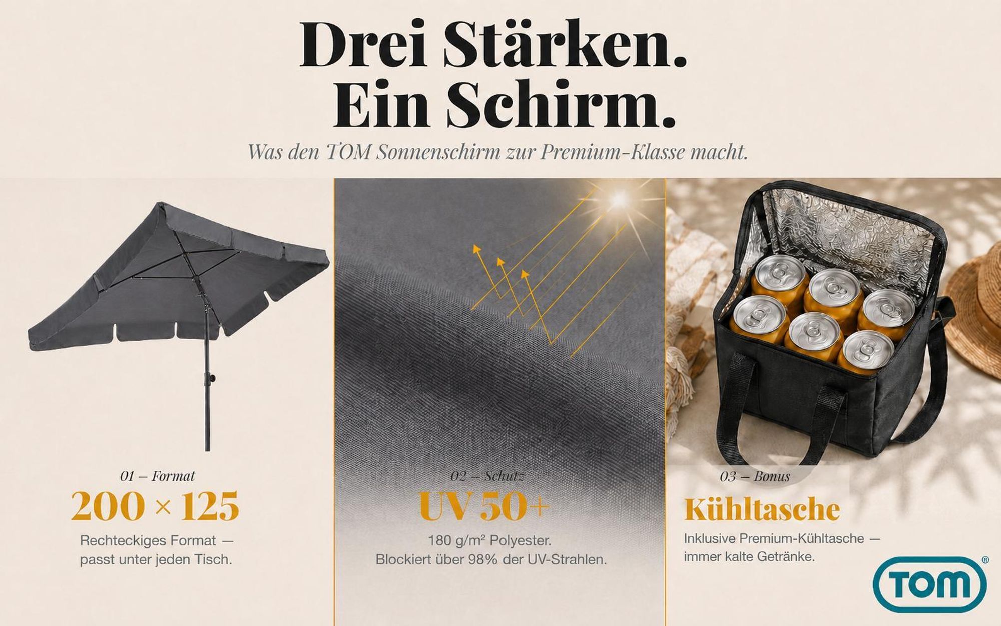 Sonnenschirm inklusive Kühltasche | Anthrazit | Rechteckig | knickbar | 125x200cm | UV50+