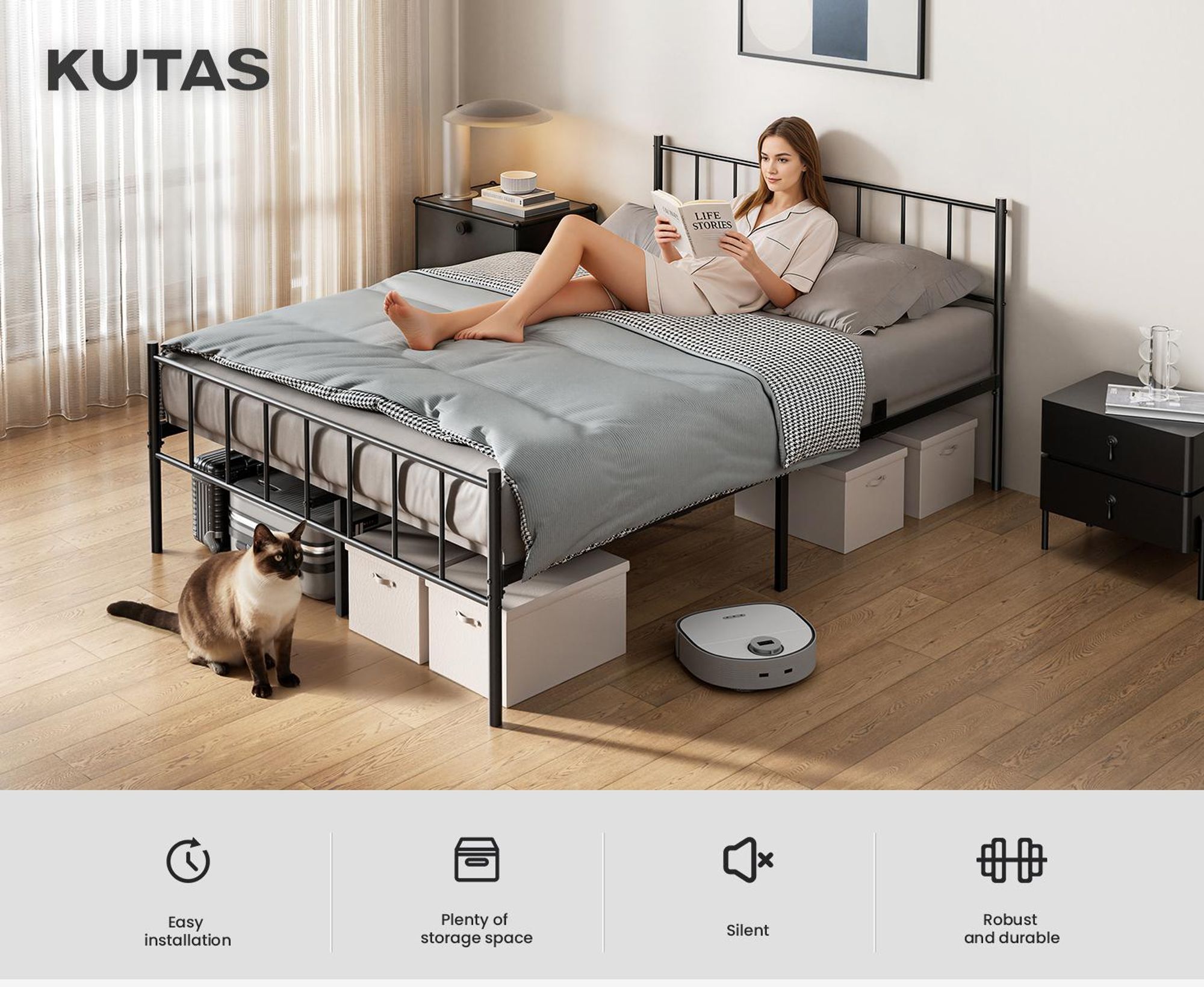 Lit 140 x 200 cm, sommier métallique avec tête de lit, cadre de lit de 36 cm de hauteur avec 32 cm d'espace de rangement, 14 lattes métalliques, silencieux, noir