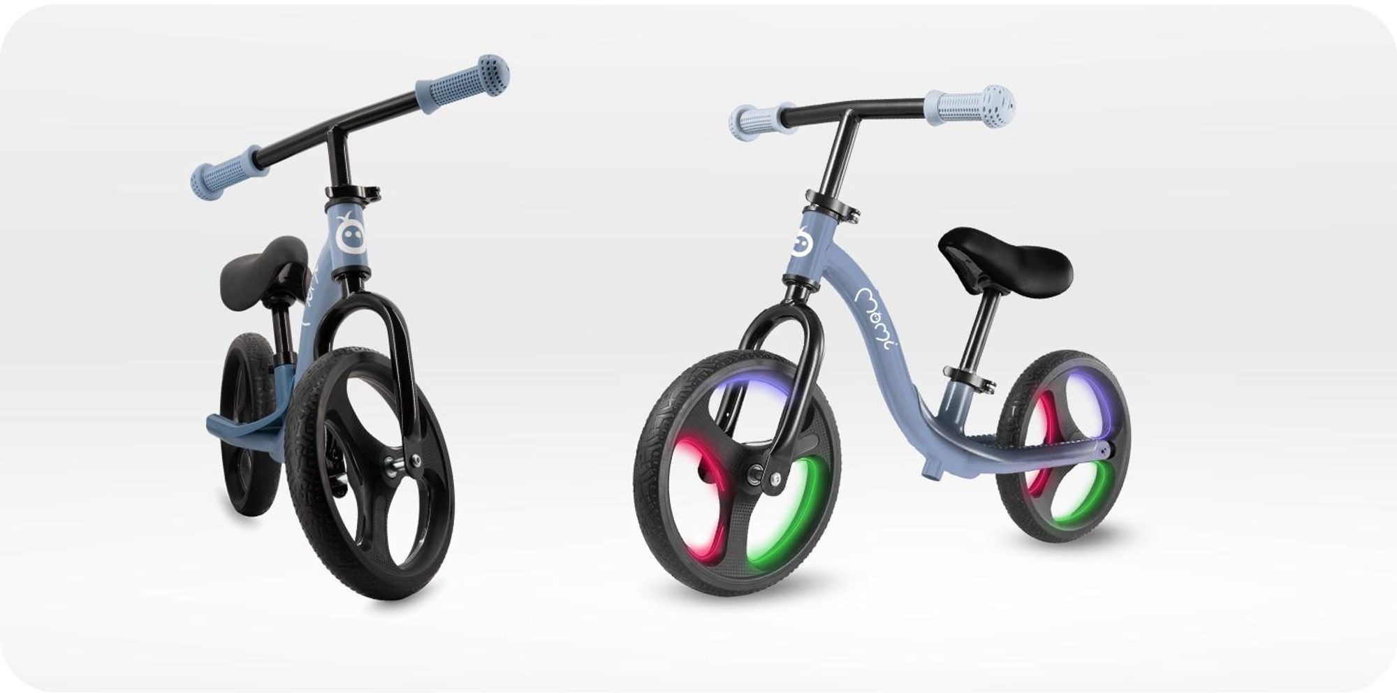 MoMi ISOKA – 10 Zoll Laufrad mit LED-Leuchten (Dynamo), höhenverstellbar ohne Werkzeug, mit Fußstütze, ab 2 Jahren, bis 35 kg – Blau