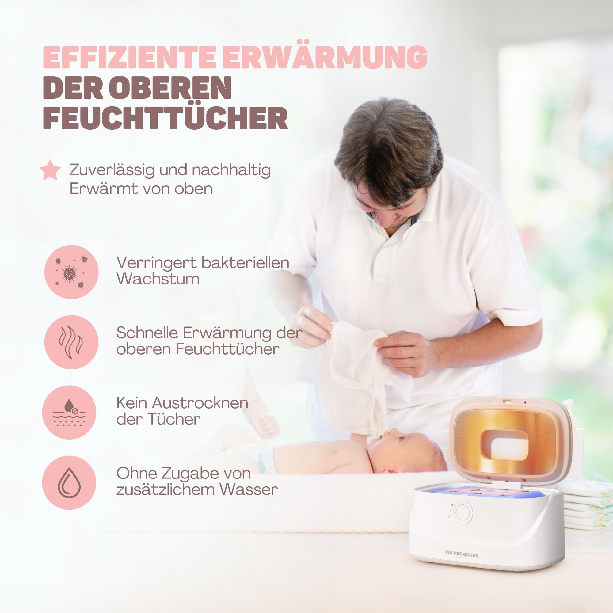 Vulpes Goods Feuchttücherwärmer, Feuchttücherbox, 3 Wärmestufen & schnelle Erwärmung, Konstante Temperatur, Nachtlichtfunktion