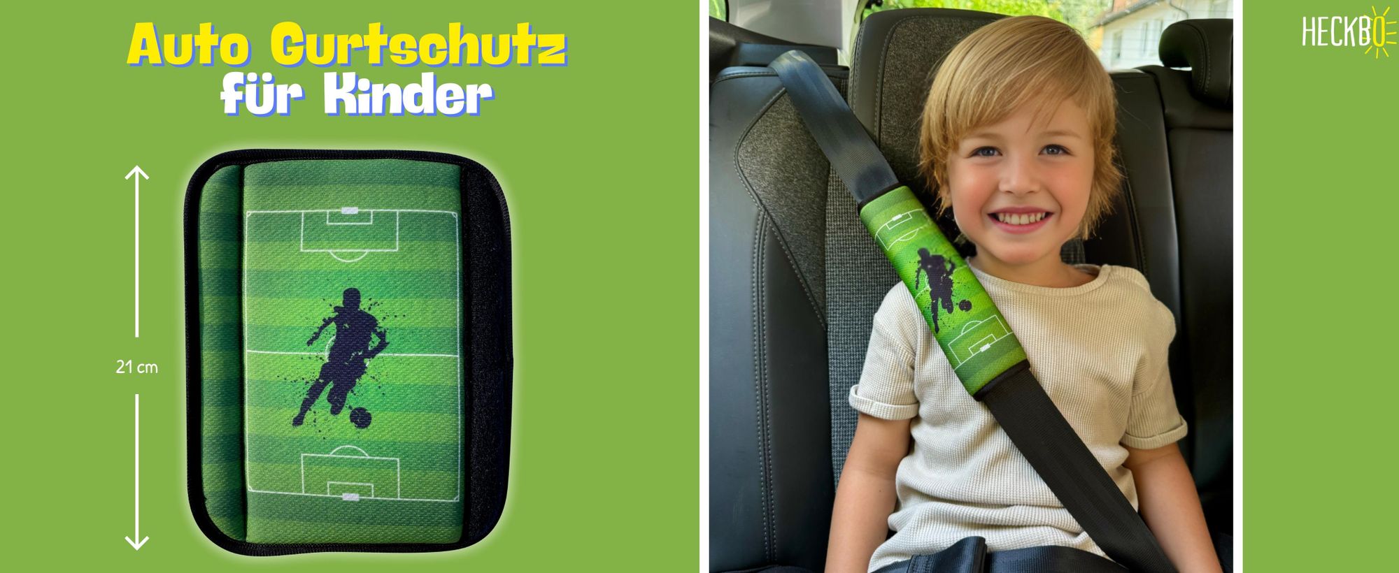 1x HECKBO Auto Gurtschutz mit Fussball Fussballspieler Motiv - Sicherheitsgurt Schulterpolster Schulterkissen Gurtschoner Autositze Gurtpolster für Kinder, Jungen, Jungs