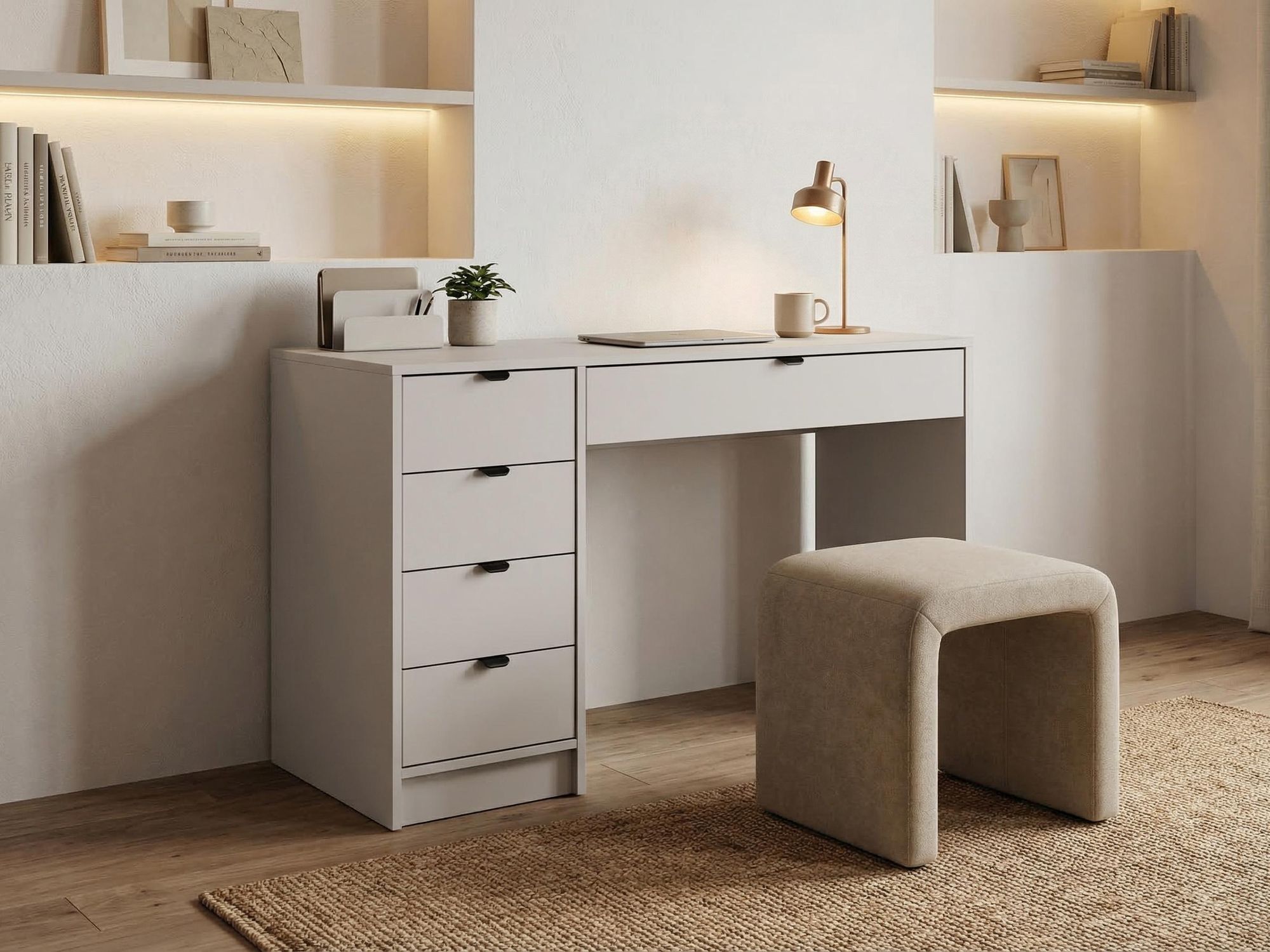 BEAUTYSOFA | Schminktisch MALTA Beige 120cm mit Griffe, 5 Schubladen, flexibel rechts/links montierbar – Moderner Bürotisch, funktionaler Arbeitstisch
