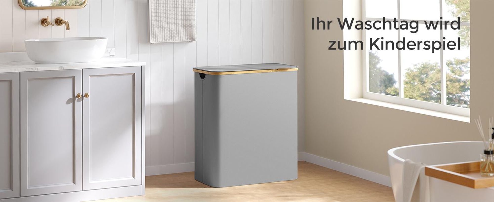 SONGMICS Wäschekorb mit Deckel, 3 Fächern, 150 L, herausnehmbarer Wäschesack, Griffe aus Bambus