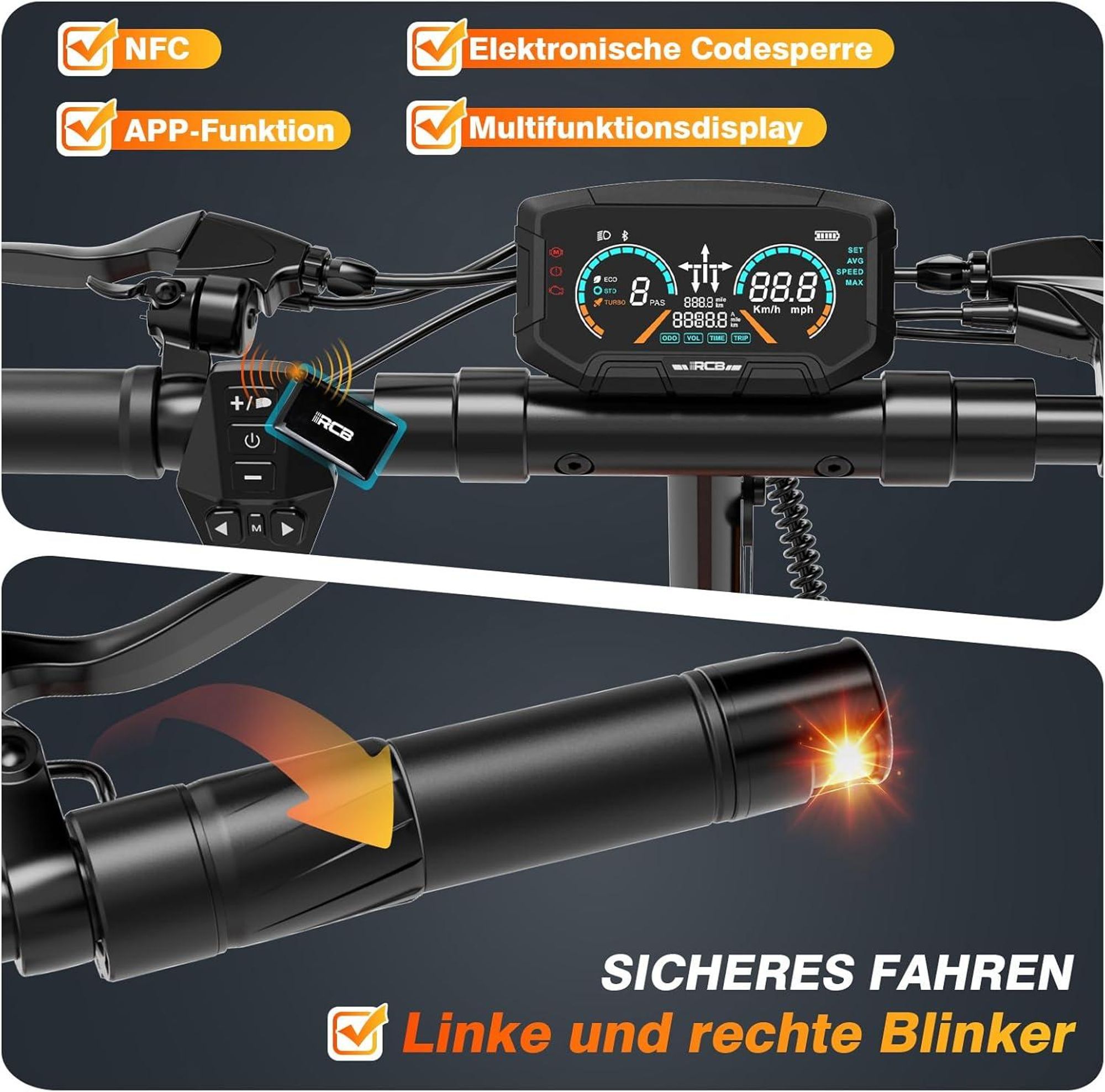 RCB D7 Ultra E-Scooter mit Straßenzulassung bis 1600W 20,8 Ah NFC Blinker App bis 100 km Reichweite App