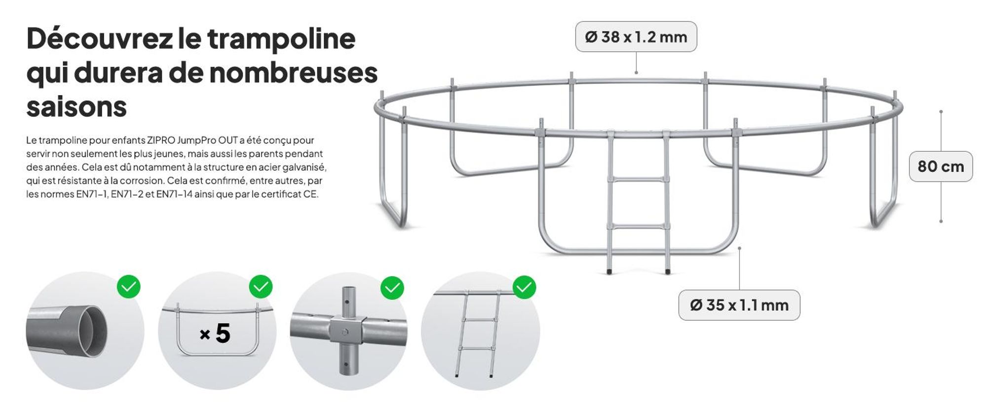 Trampoline ZIPRO Jump Pro Premium | 12FT Ø 374 cm | Trampoline de jardin Trampoline pour enfants Kit complet avec filet, échelle et housse de protection, extérieur, vert