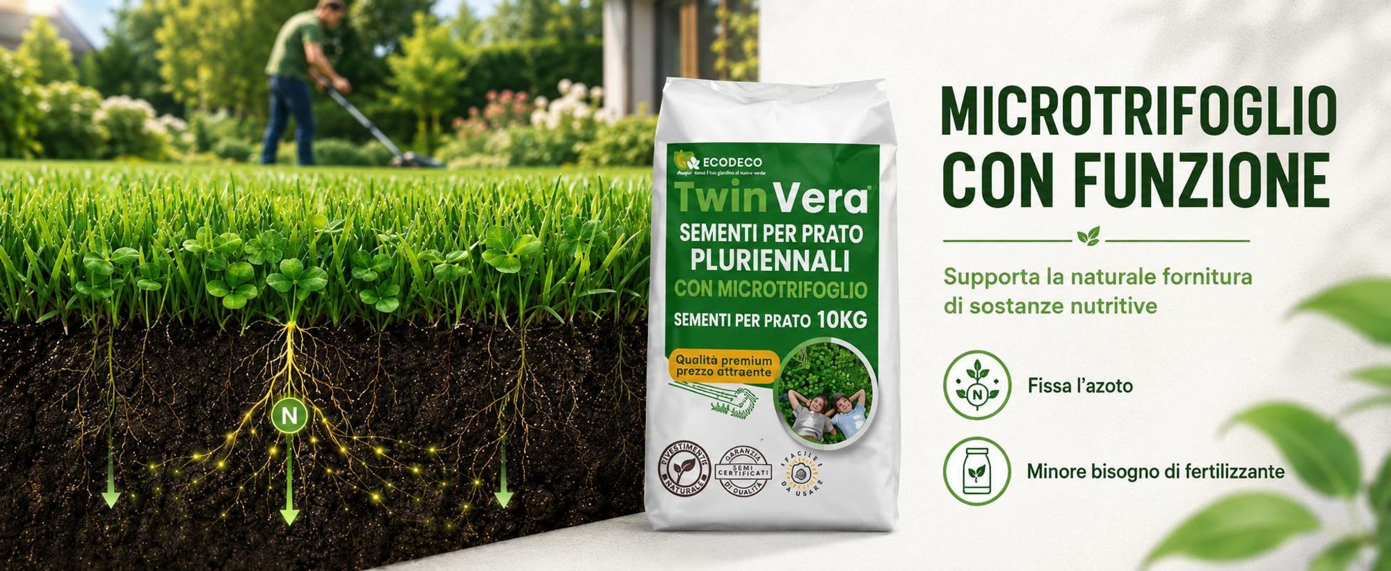 EcoDeco semi prato resistenti, sementi per prato con microtrifoglio, miscela universale da 10 kg per 400 m2