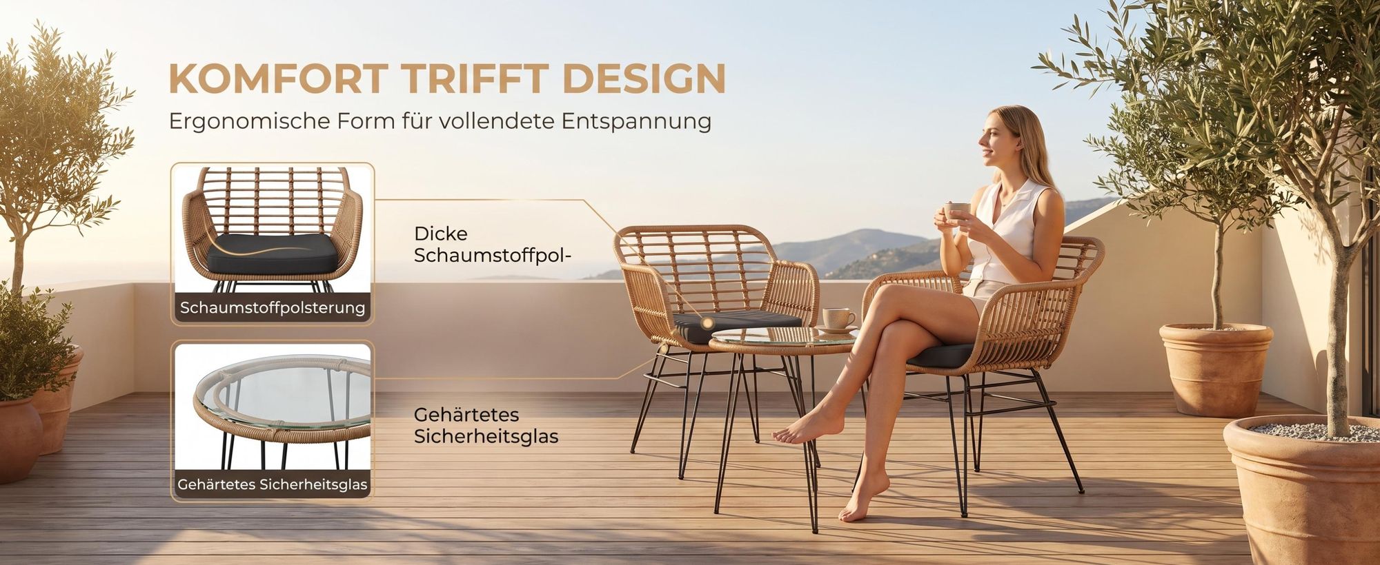 Polyrattan Balkonmöbel Set 3-teilig, Gartenmöbel, Glastisch & 2 Stühlen, wetterfest, UV-beständig, rostfrei, Terrasse