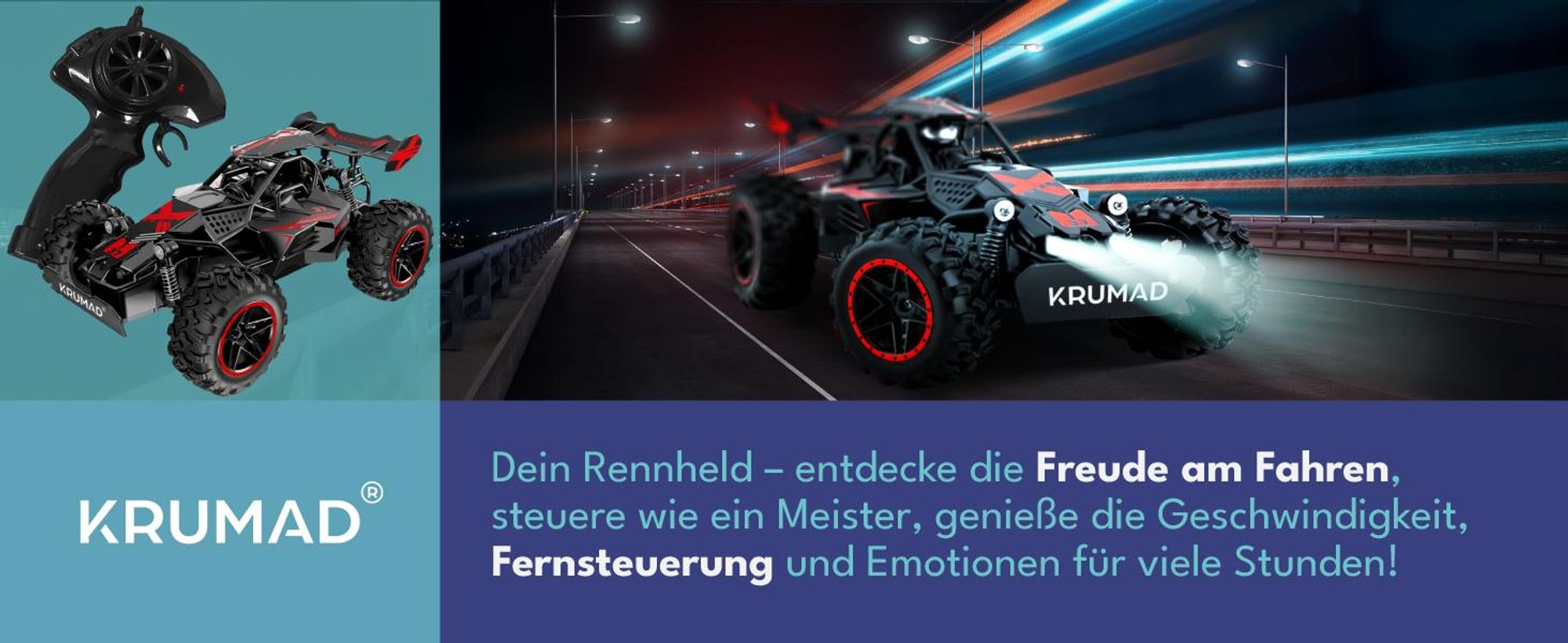 KRUMAD Ferngesteuertes Auto 3.7V – RC Offroad Auto für Kinder ab 3 Jahren mit 2 Akkus, LED-Licht, 2,4GHz Fernsteuerung & USB-Ladekabel