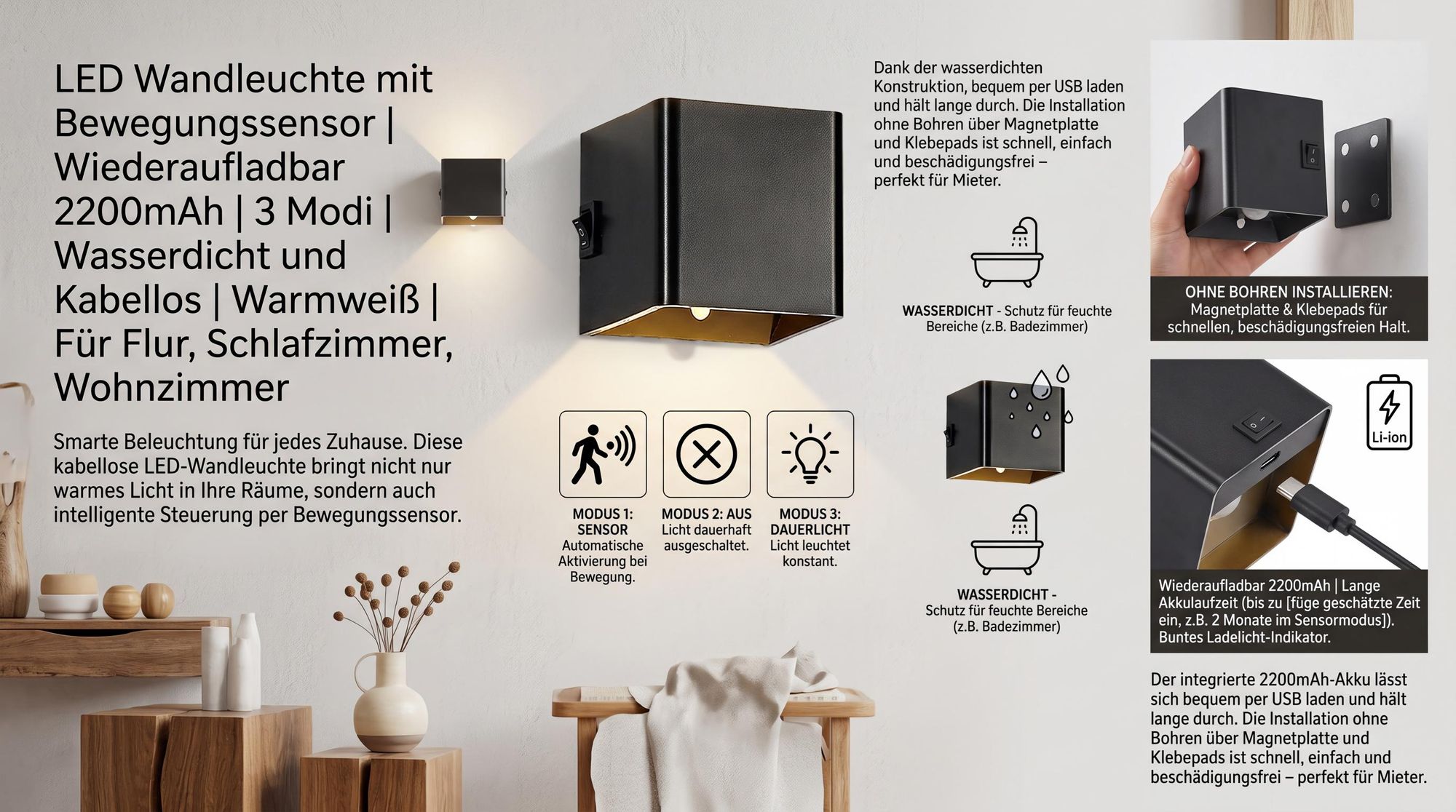 LED Wandleuchte mit Bewegungssensor | Wiederaufladbar 2200mAh | 3 Modi | Wasserdicht & Kabellos | Warmweiß | Für Flur, Schlafzimmer, Wohnzimmer