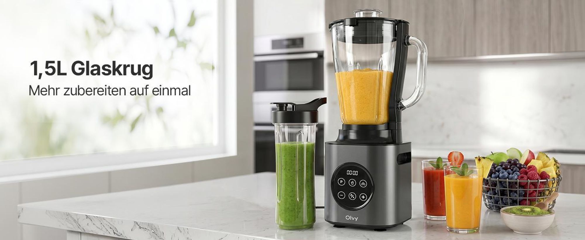 Olvy Standmixer 1000W mit 1,5L Glasbehälter & 600ml Tritan-Becher, 9 Stufen, Pulse, Ice-Crusher, Smoothie- & Milchshake-Funktion