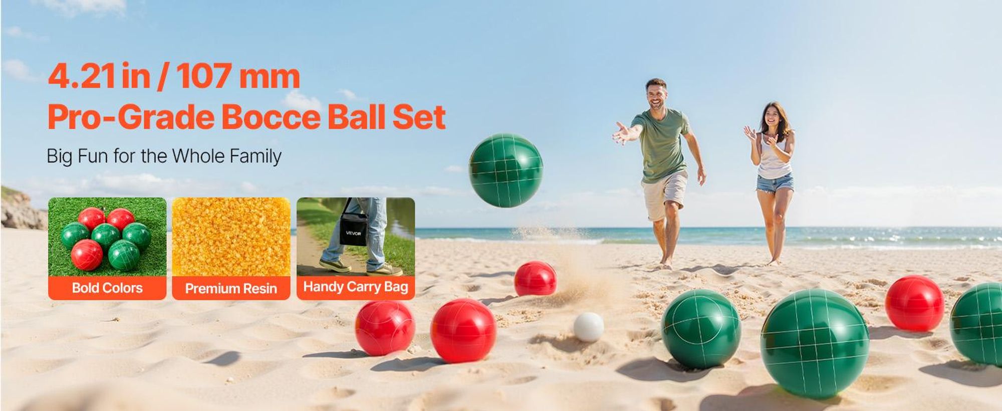 VEVOR Bocce Ball Set, 107 mm, mit 8 Harzkugeln, Pallino, Tragetasche und Maßband, Rot und Grün 2 Farben, für 2 bis 8 Spieler, Bocce Ball Spielset für Strand, Rasen, Familiengarten, im Freien, 2 Farben, 107 mm
