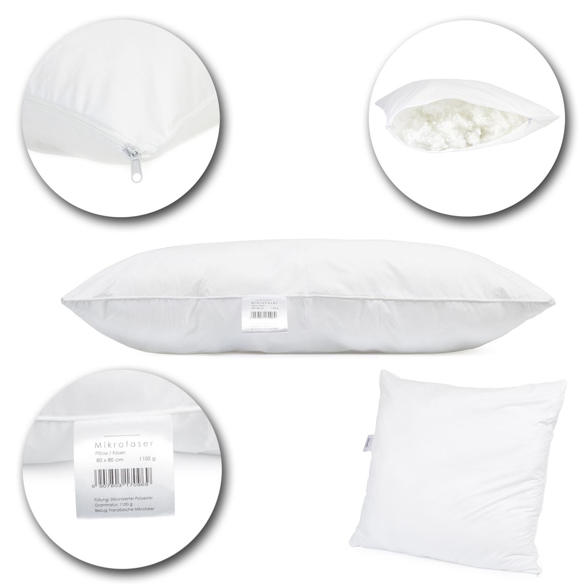 1-er Set Kopfkissen 80x80 cm 1100g – Mikrofaser Kissen – Polyester Füllung – Allergiker geeignet – Waschbar 95°C – Schlafkissen extra weich