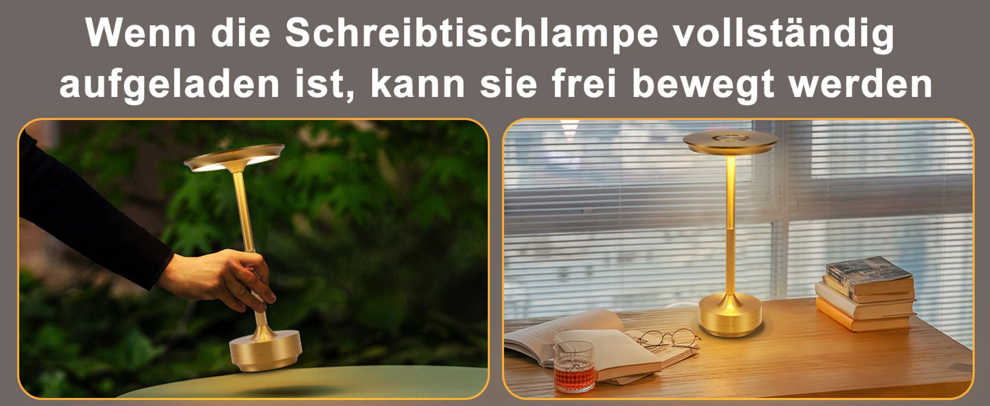 ZMH Nachttischlampe Kabellos Tischlampe Akku LED Tischleuchte Touch Dimmbar Lampe mit USB Aufladbar Batterie Tischlampen Gold für Modern Fensterbank Wohnzimmer Kinderzimmer Schlafzimmer