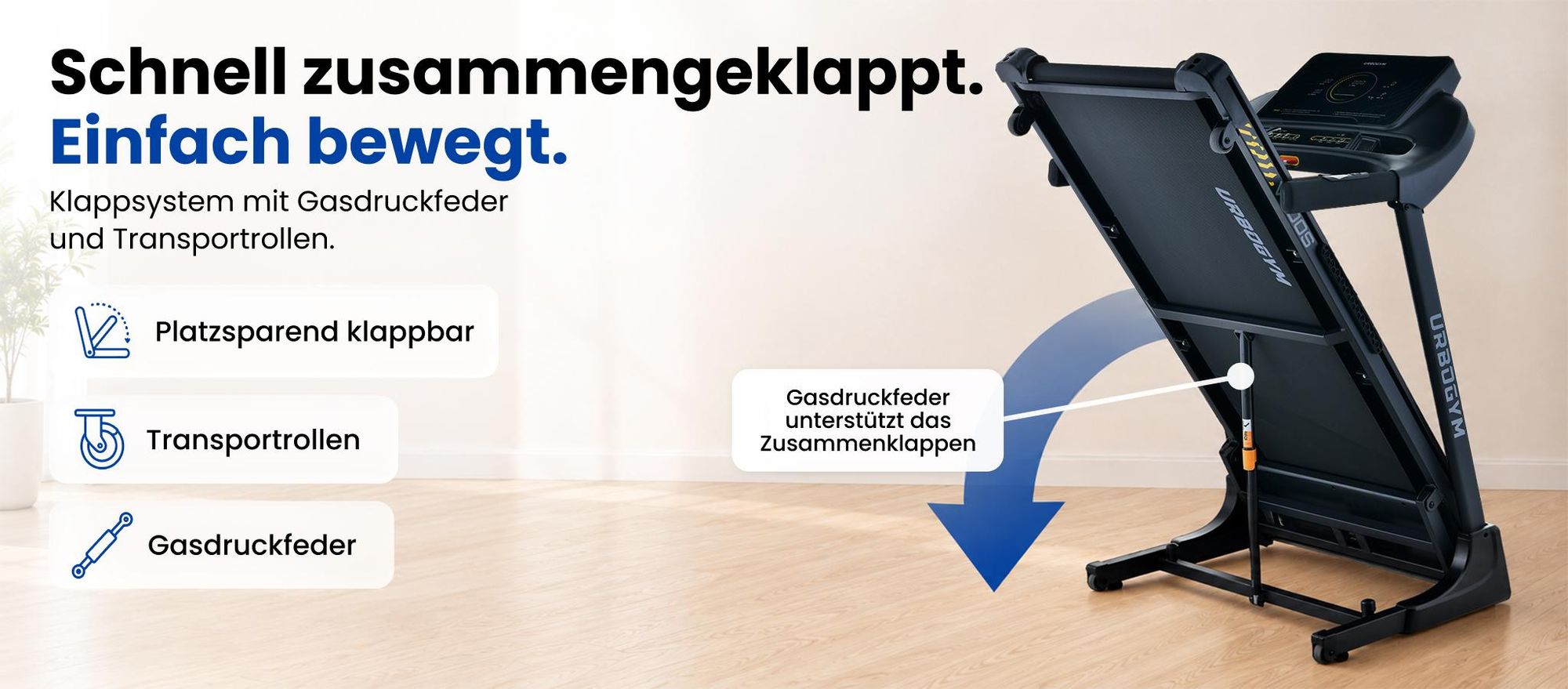 URBOGYM V700S Laufband – 18 km/h, automatische Steigung mit 18 Stufen, Lauffläche 50 × 130 cm, bis 140 kg, klappbar, FITSHOW