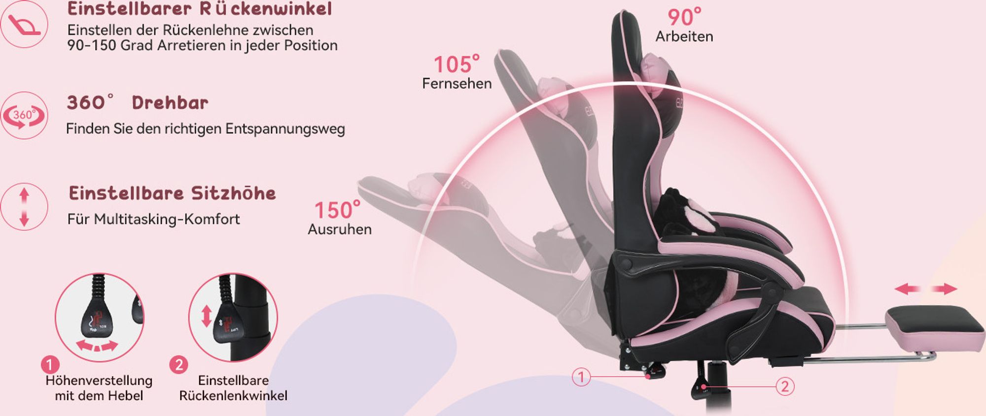 Puluomis Gaming Stuhl mit Fußstütze, Bürostuhl Chefsessel Schreibtischstuhl Racing Stuhl ergonomisch drehbar höhenverstellbar Katze Schwarz Pink