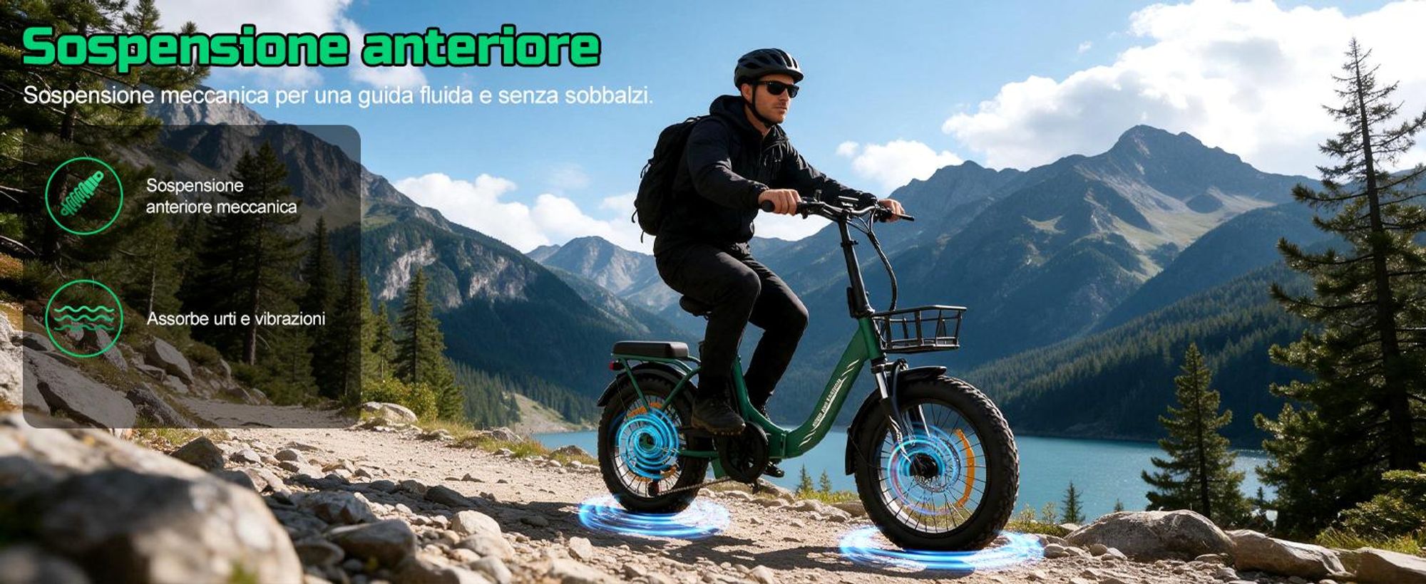 Runetic Ebike, Foldable e-bikes, 250W Motor, 36V 13Ah herausnehmbarer Akku, bis zu 80 km Reichweite, 25 km/h, 20" x 3,0" Breitreifen, Grün