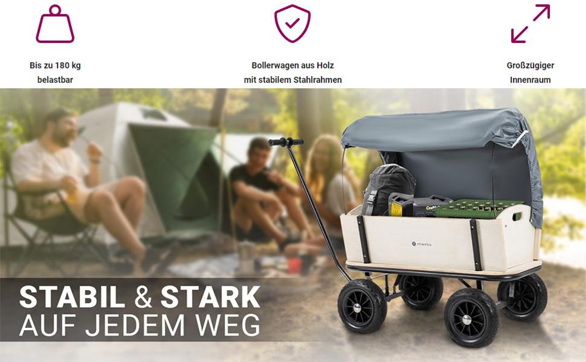 Miweba Holz Bollerwagen Canvas | Mit Dach abnehmbar - Handwagen - Gartenwagen - Offroad - Camping - Strand - Robust - Wände abnehmbar (Grau/Holz)
