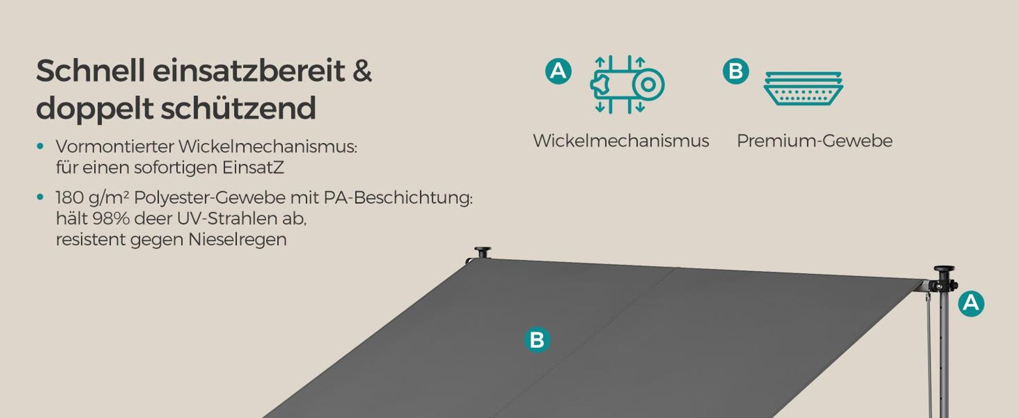 SONGMICS Klemmmarkise, Balkonmarkise, höhenverstellbar, mit Handkurbel