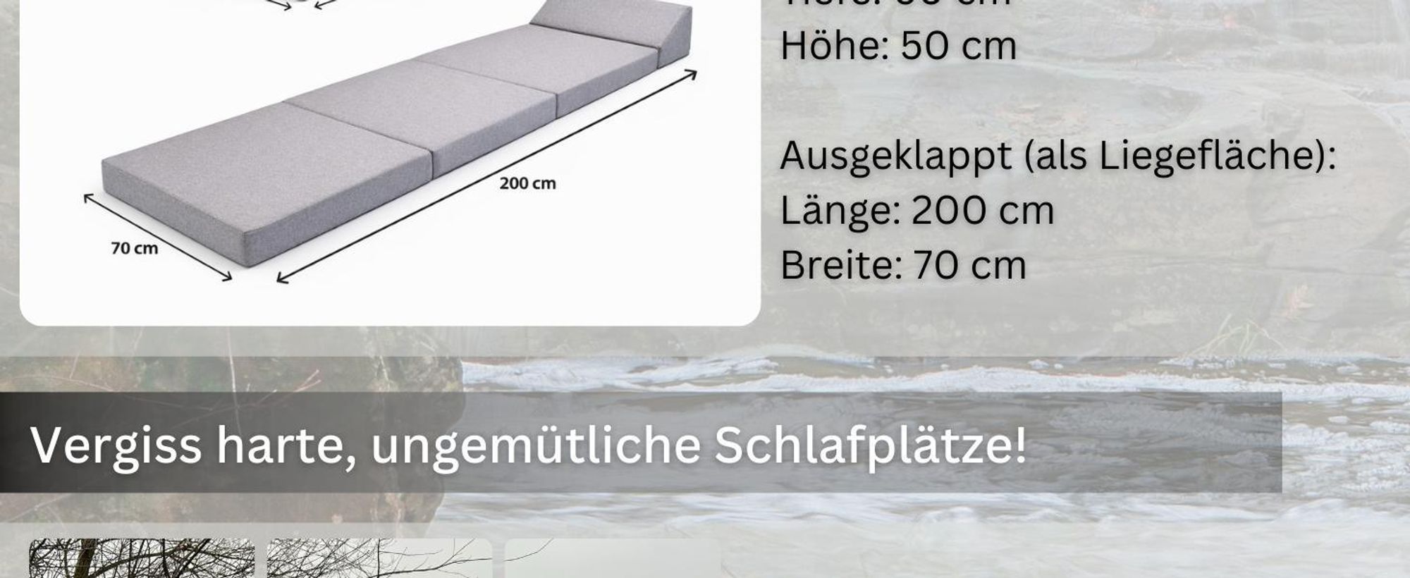 Klappmatratze mit Kopfteil Wasserfester Outdoor-Bezug Beige Matratze Faltmatratze Camping Erwachsene Kinder  200x70x10cm