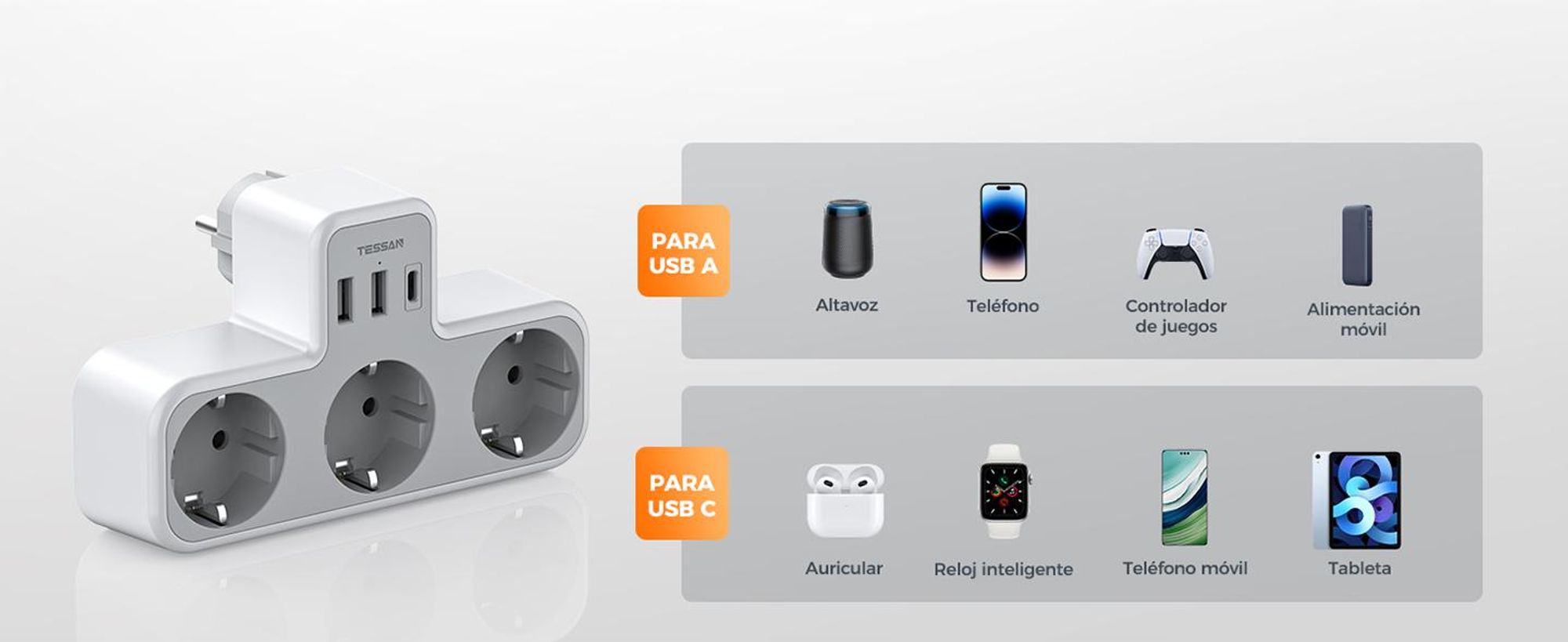 TESSAN Mehrfachstecker mit USB für Steckdose 3 Fach Steckdosenadapter mit 2 USB A und 1 USB C 3600W Mehrfachsteckdose Ladegerät Grau