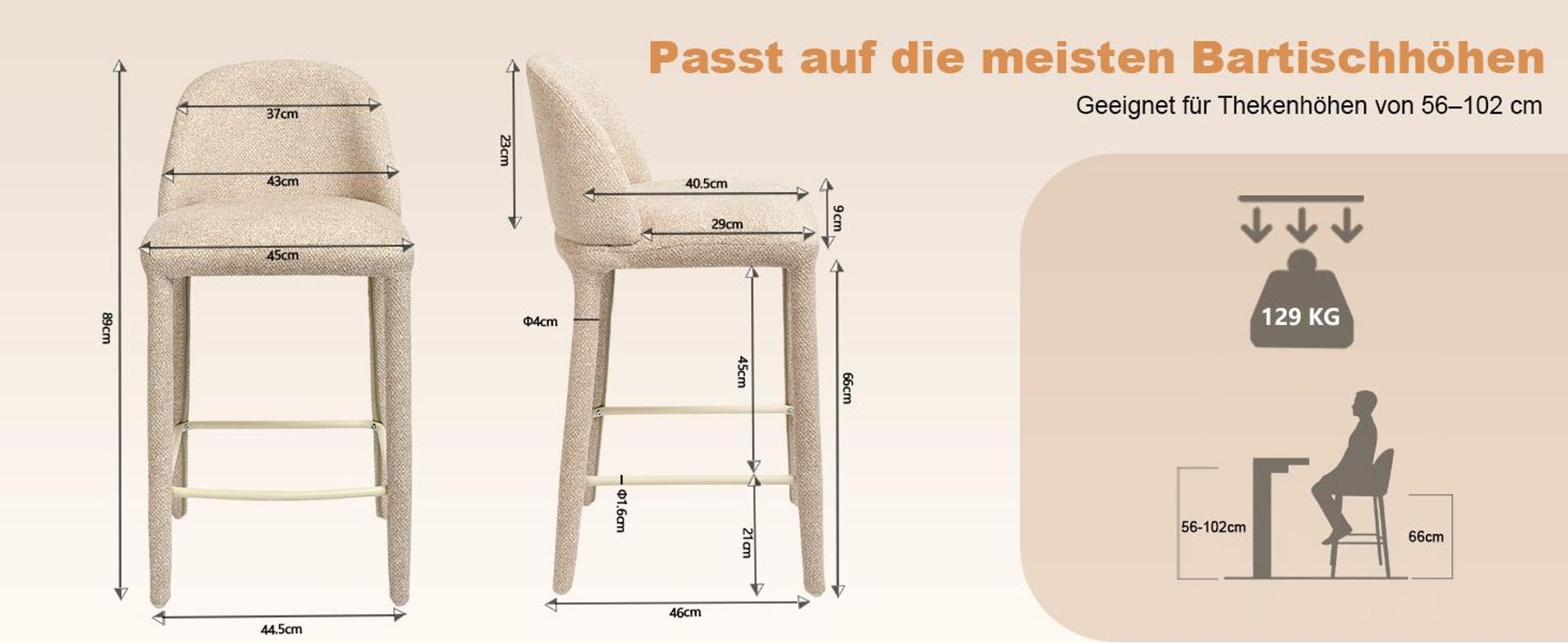 Duhome Barhocker 2er Set en Bouclé und Metall Barstuhl mit Pedal Polsterhocker Modern für Küche Esszimmer Bar Bistro, Beige