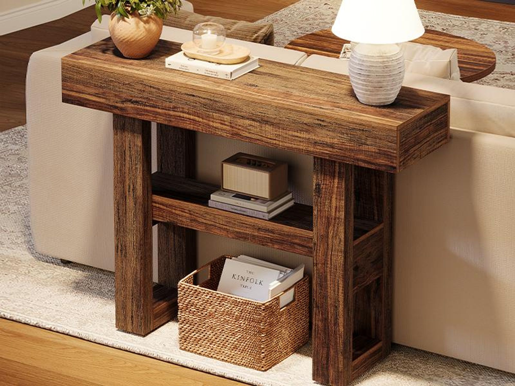 Tribesigns 105 cm Farmhouse-Konsolentisch, 2-stufiger schmaler Sofatisch hinter der Couch, Eingangsmöbel mit Ablageflächen für Flur, rustikales Braun