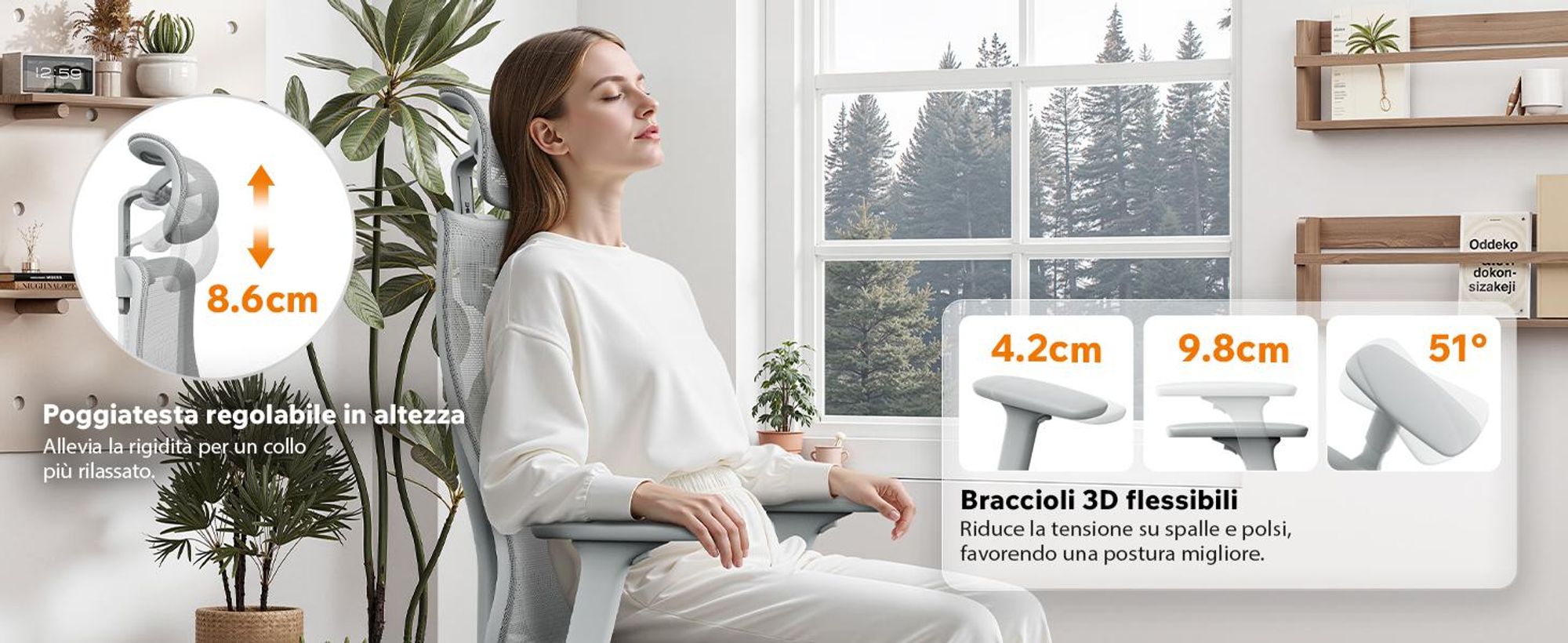 SENSE7 Moyo Sedia da ufficio ergonomica Sedia da scrivania Grigio Braccioli 3D Schienale in rete Supporto lombare Sedia direzionale Sedia per home office e PC 150 kg