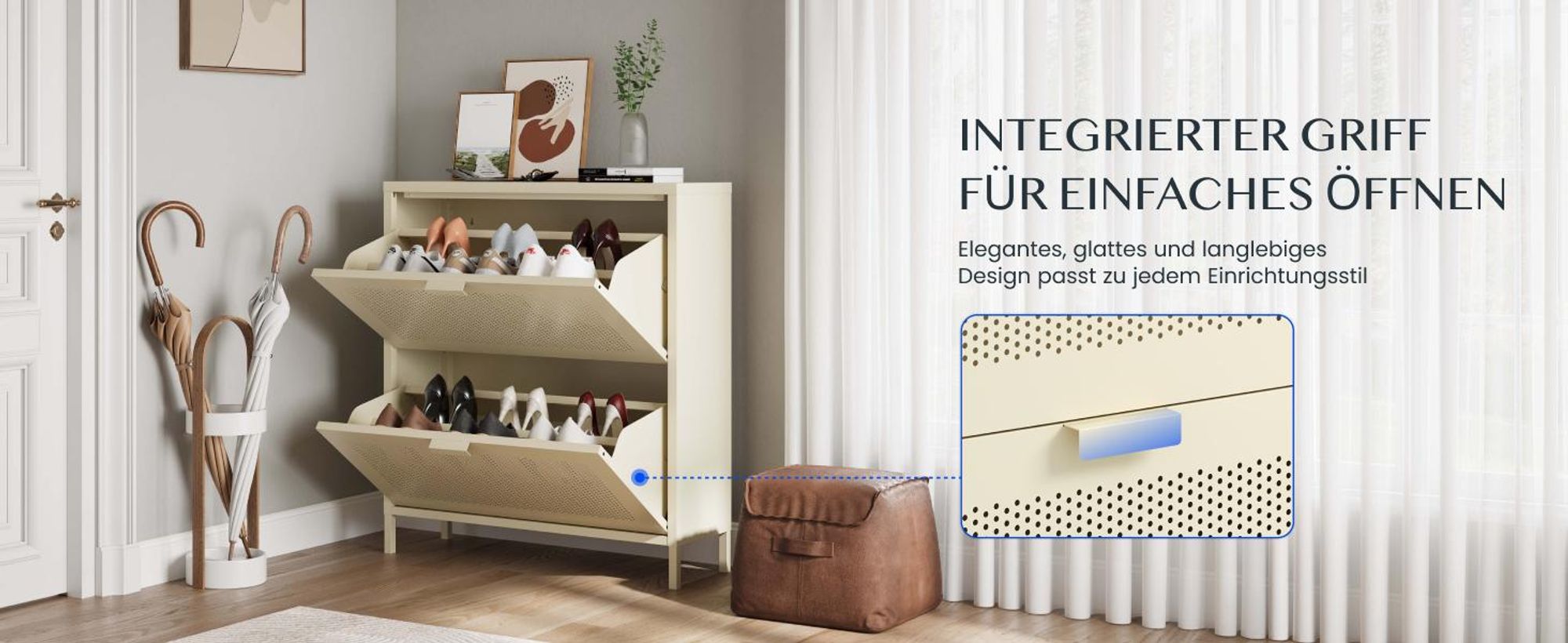 FLEXISPOT Schuhschrank Metall mit 2 Klappen, platzsparender Schuhkipper mit Belüftungslöchern, stabile Stahlkonstruktion, Cremegelb